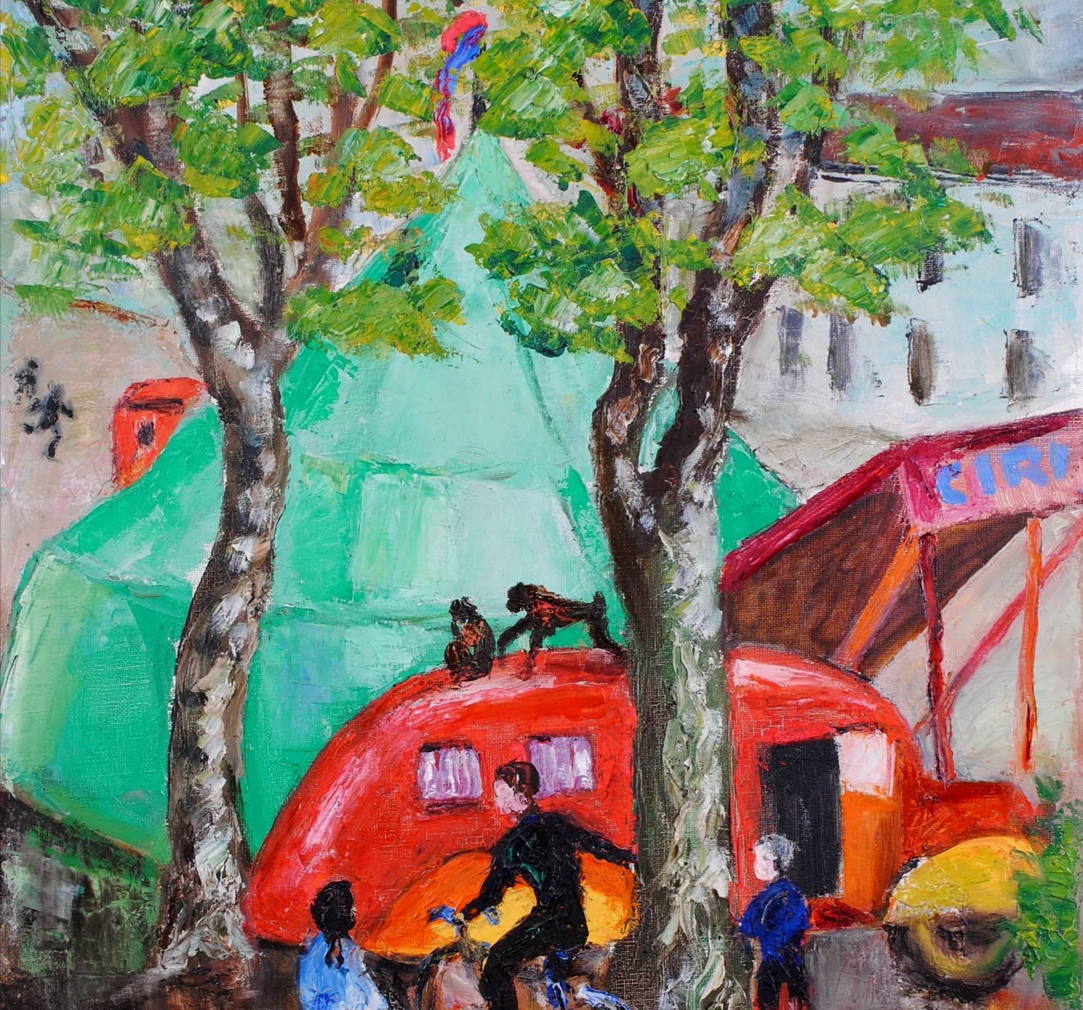 Circus - Französisches modernistisches Ölgemälde auf Leinwand, Figuratives Gemälde, Mitte des 20. Jahrhunderts (Grau), Landscape Painting, von Mid 20th Century French School