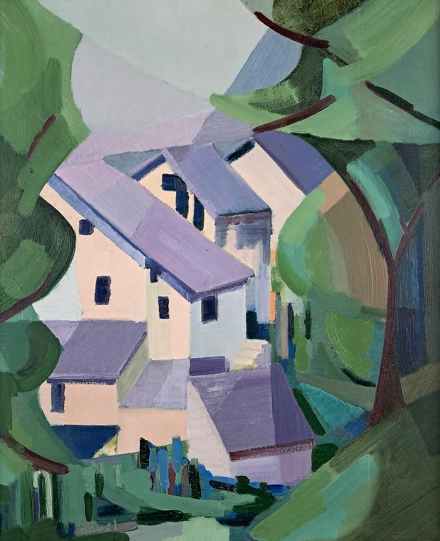 Paesaggio cubista - Grande dipinto a olio su tela francese della metà del XX secolo - Painting di Mid 20th Century French School