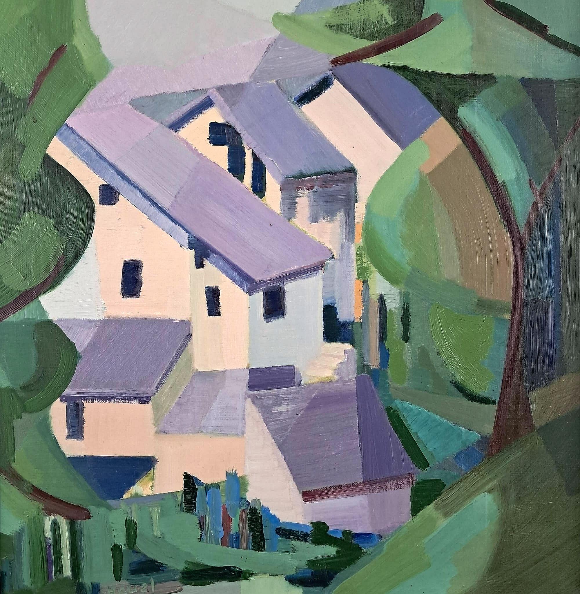 Paesaggio cubista - Grande dipinto a olio su tela francese della metà del XX secolo - Painting Cubismo di Mid 20th Century French School