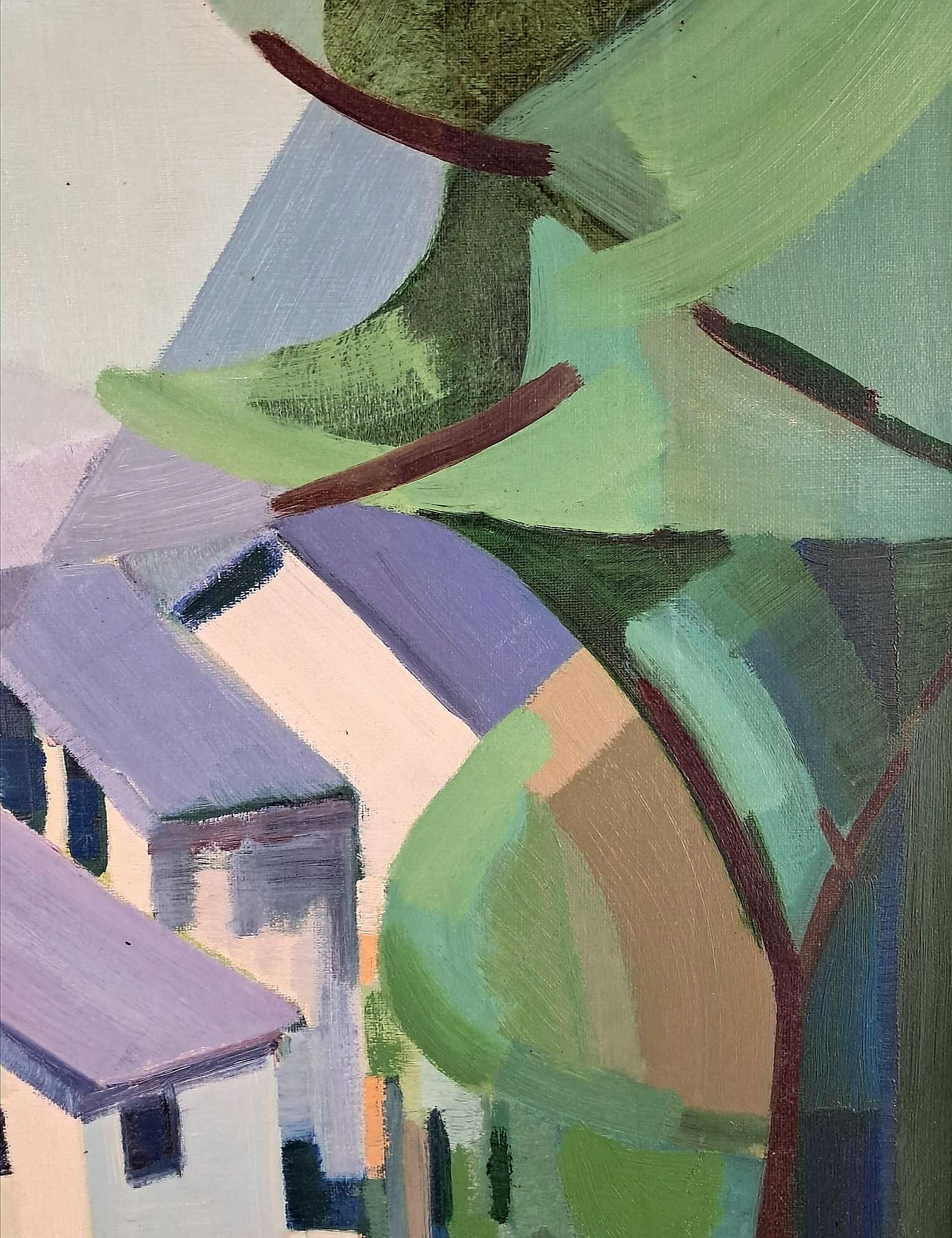 Paesaggio cubista - Grande dipinto a olio su tela francese della metà del XX secolo - Landscape Painting Marrone di Mid 20th Century French School