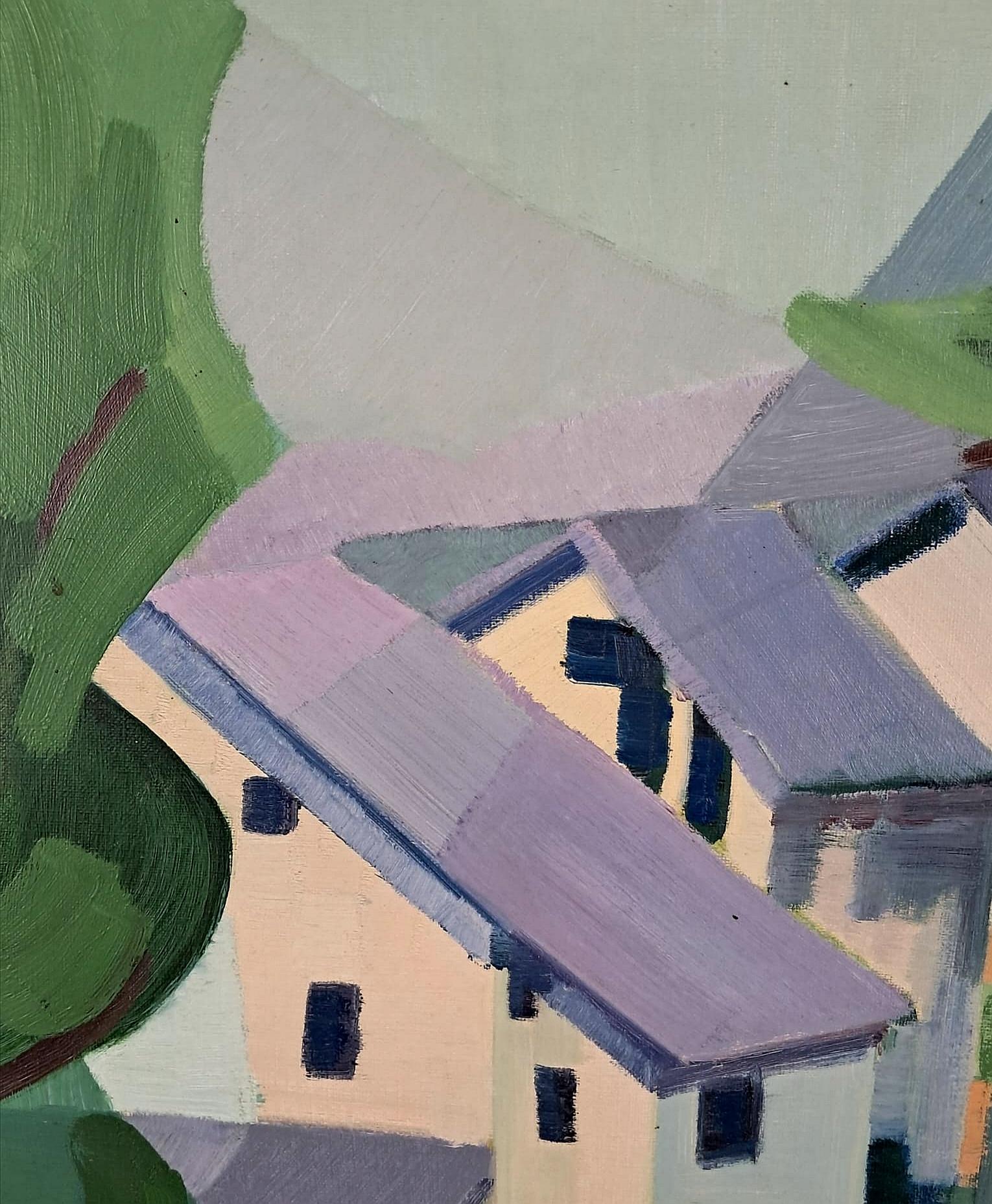 Un bellissimo olio su tela cubista francese della metà del XX secolo che raffigura un paesaggio con case. 

Opera d'epoca di eccellente qualità in ottime condizioni originali. Firmato in basso a sinistra e presentato in una bella cornice dipinta e