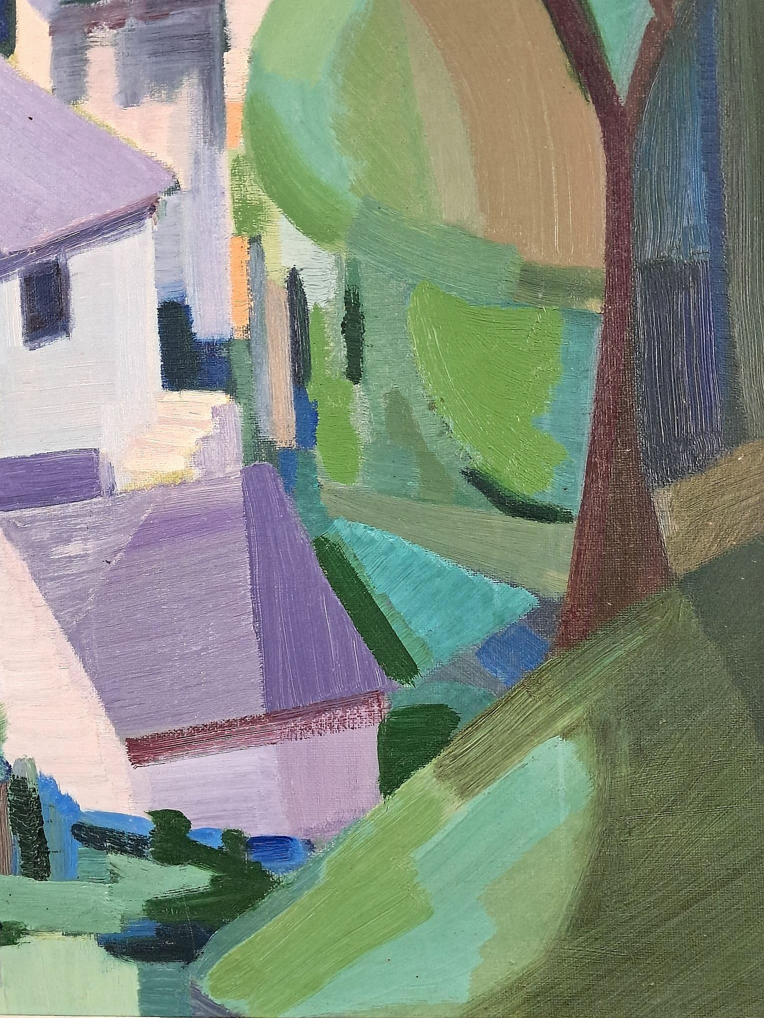 Paesaggio cubista - Grande dipinto a olio su tela francese della metà del XX secolo 1