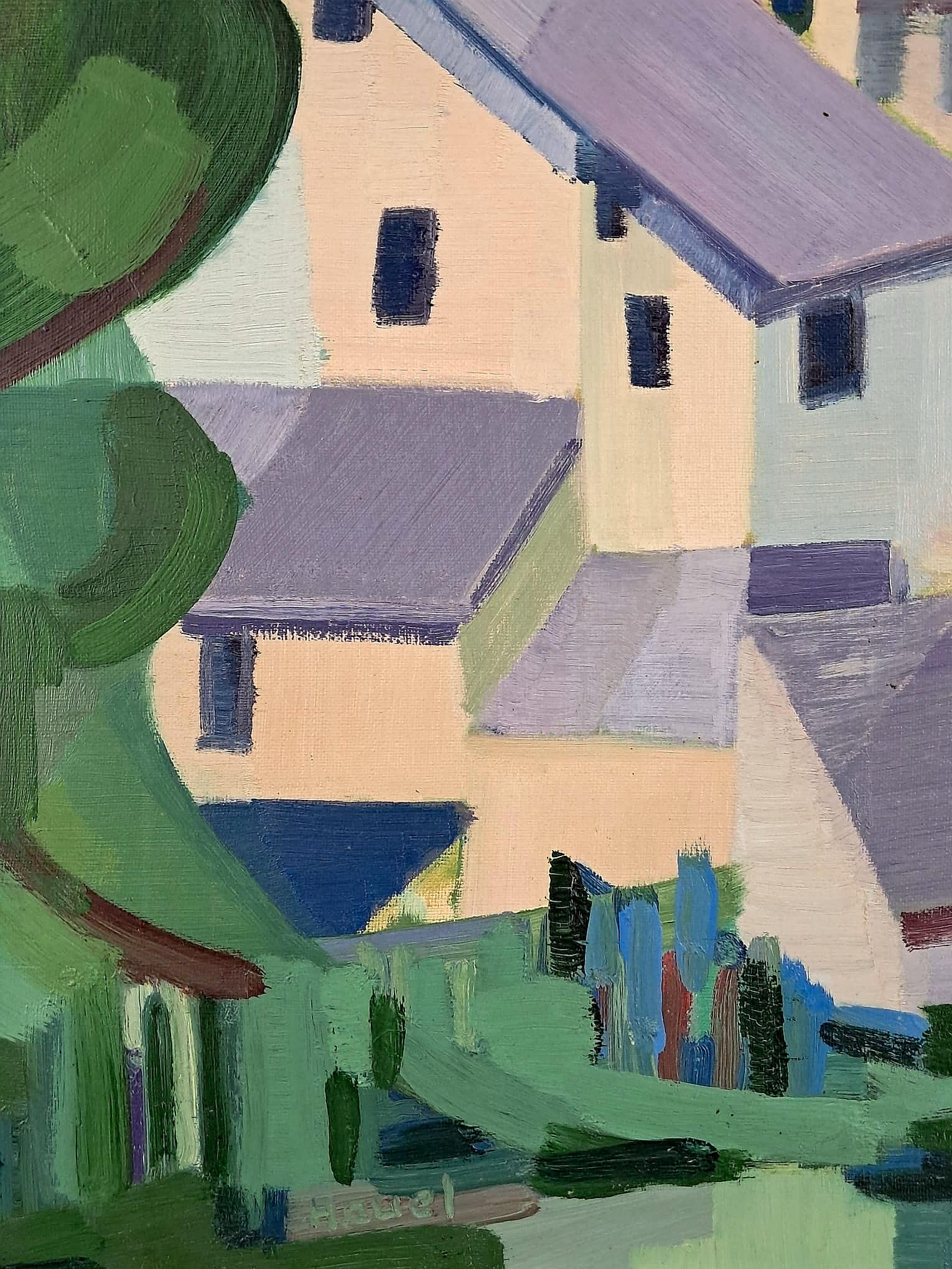 Paesaggio cubista - Grande dipinto a olio su tela francese della metà del XX secolo 2
