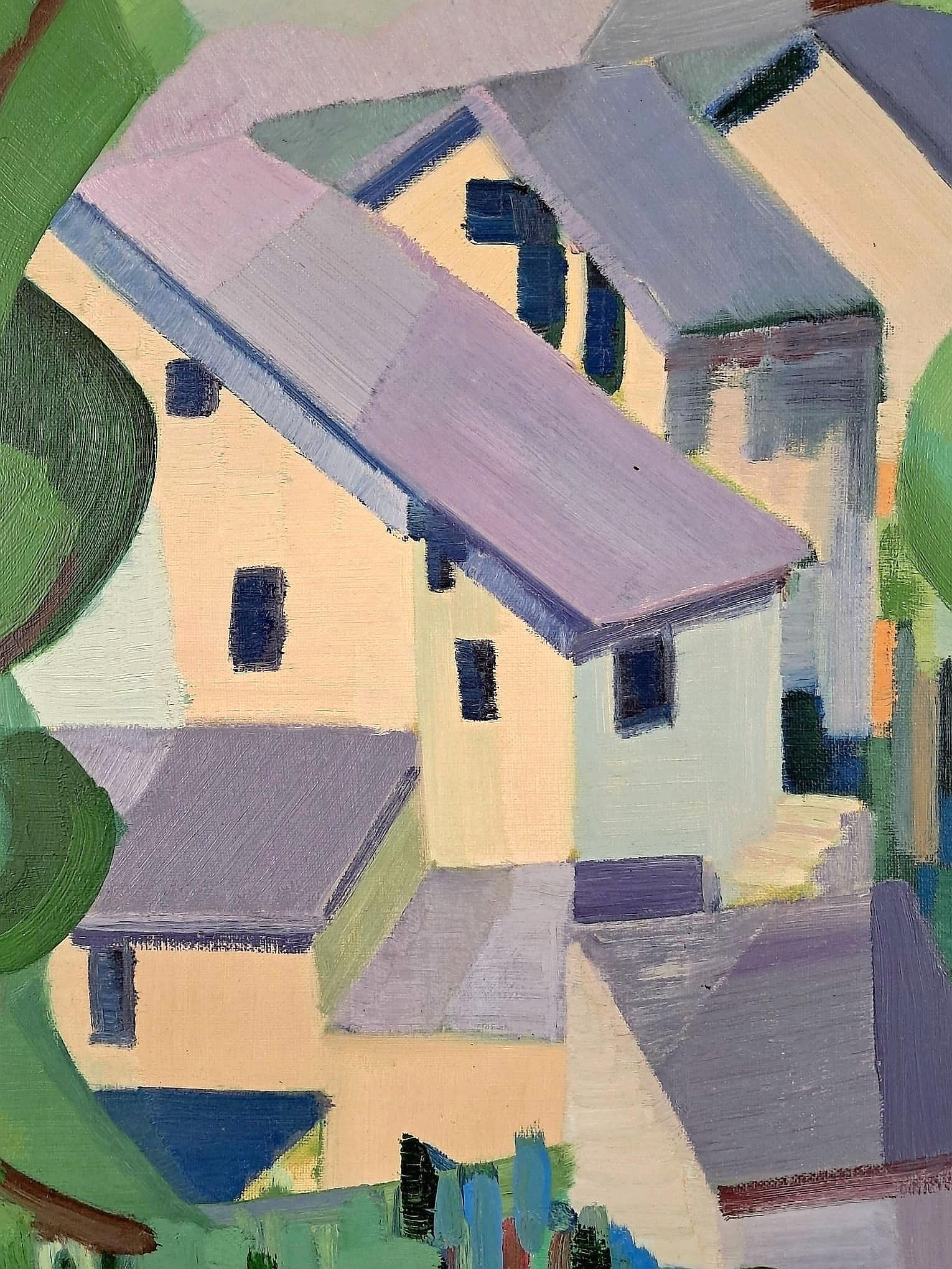 Paesaggio cubista - Grande dipinto a olio su tela francese della metà del XX secolo 3