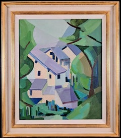 Paesaggio cubista - Grande dipinto a olio su tela francese della metà del XX secolo