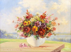 Flowers in a Landscape - Mid 20th Century French Still Life Oil Painting