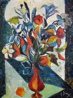 Flowers in a Vase - Large Mid Century Modern French Cubist Still Life Painting