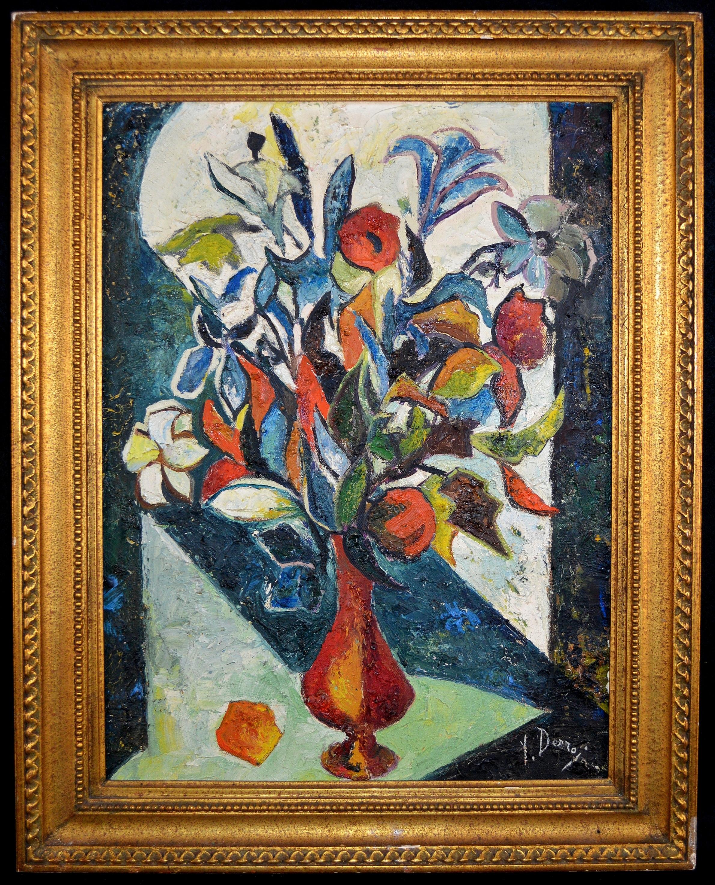 Flowers in a Vase - Large Mid Century Modern French Cubist Still Life Painting