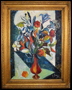 Flowers in a Vase - Large Mid Century Modern French Cubist Still Life Painting