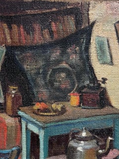 French 1950's Interior Room Scene Woodburner Stove Attic Room Oil Painting