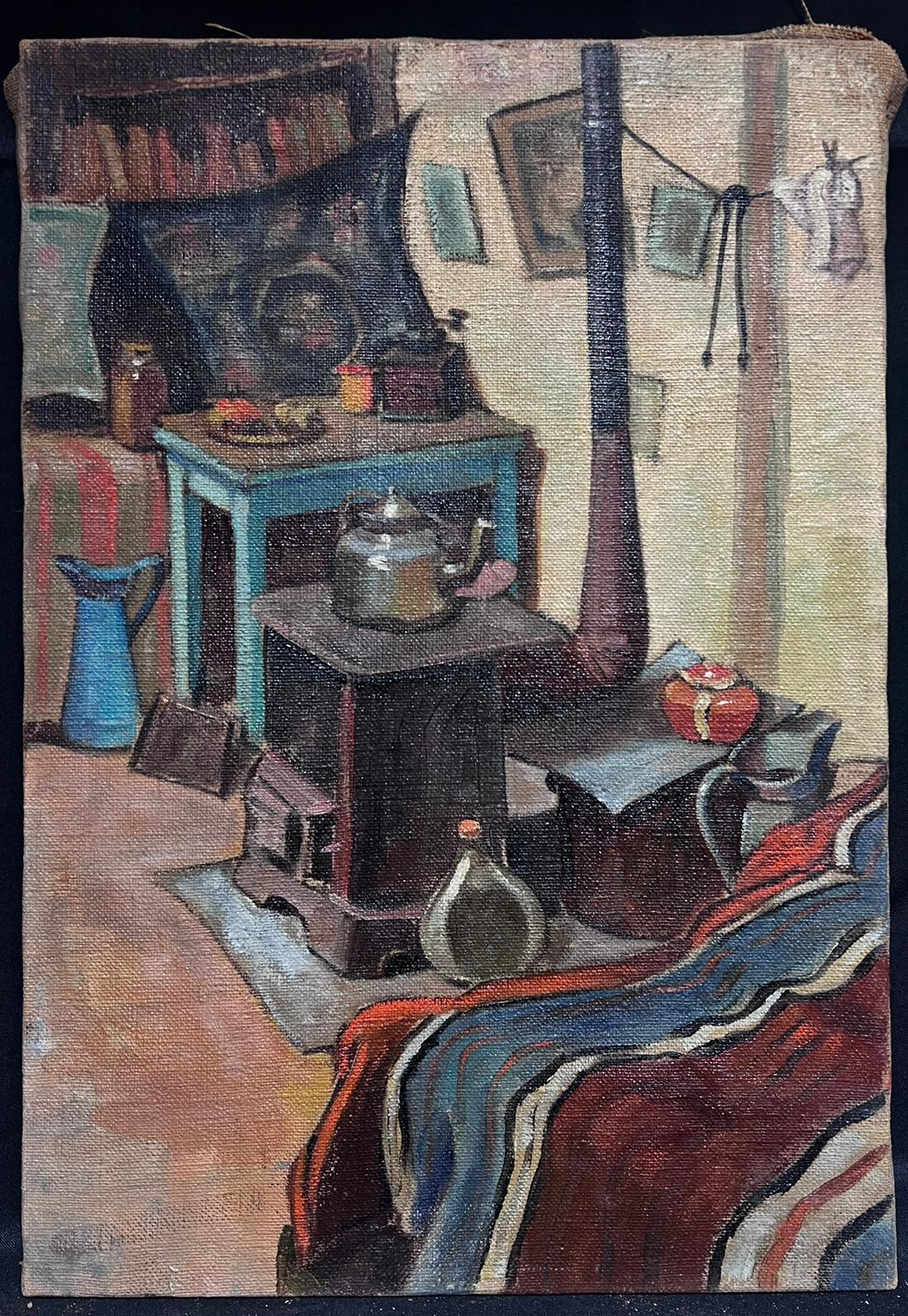 French 1950's Interior Room Scene Woodburner Stove Attic Room Oil Painting For Sale 2