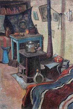 Vintage French 1950's Interior Room Scene Woodburner Stove Attic Room Oil Painting