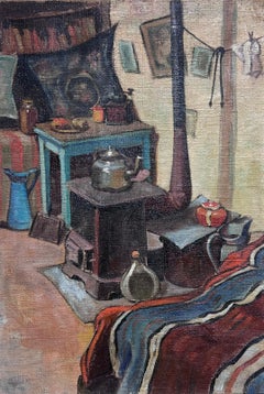 French Room anni '50 Scena d'interni Stufa a legna Soffitta Pittura ad olio