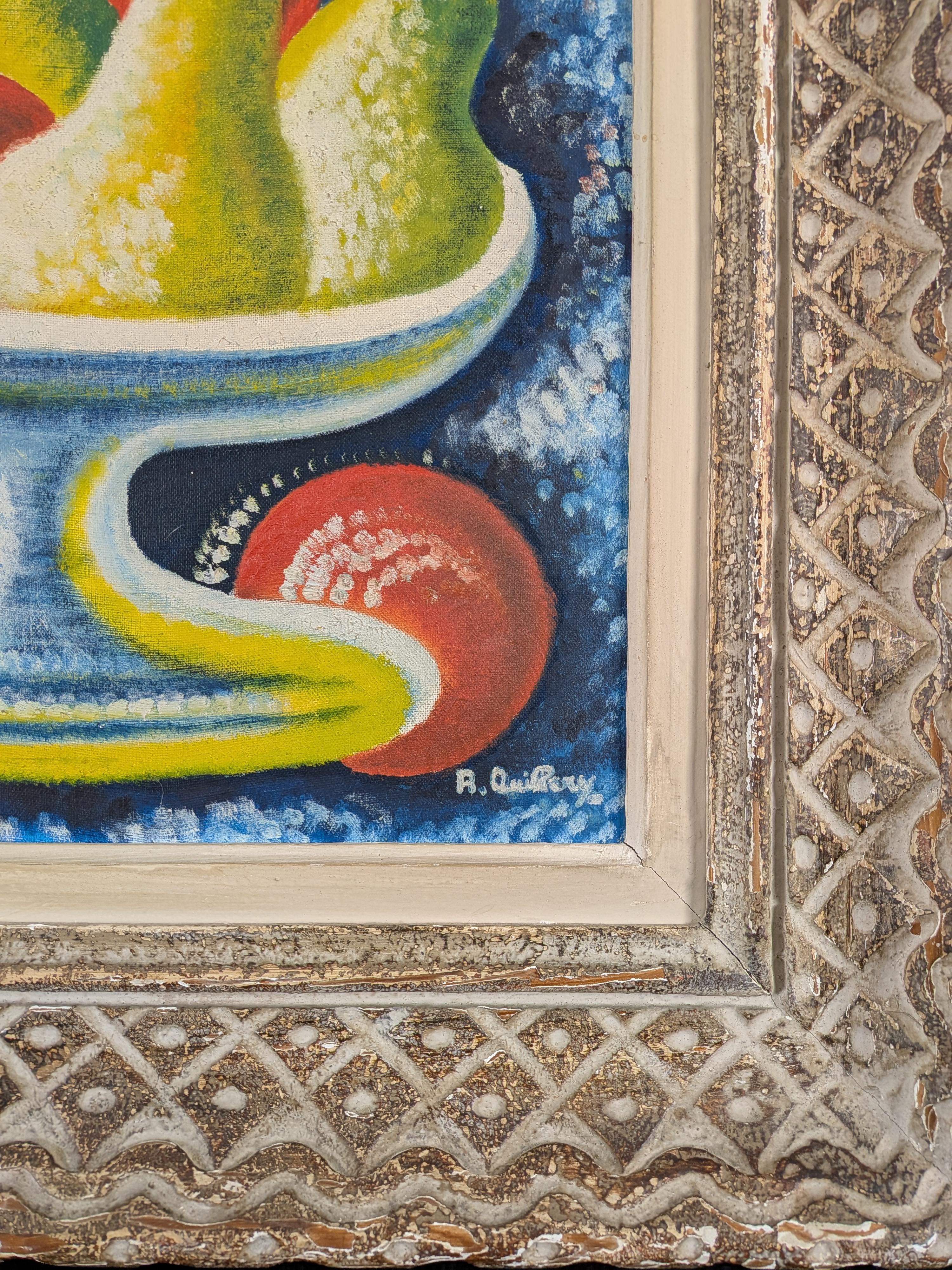 Precioso óleo sobre lienzo de gran tamaño, postimpresionista francés de mediados del siglo XX, que representa frutas en un cuenco. 

Obra muy bien pintada en excelente estado original. Se presenta en un marco Montparnasse de fina madera tallada y