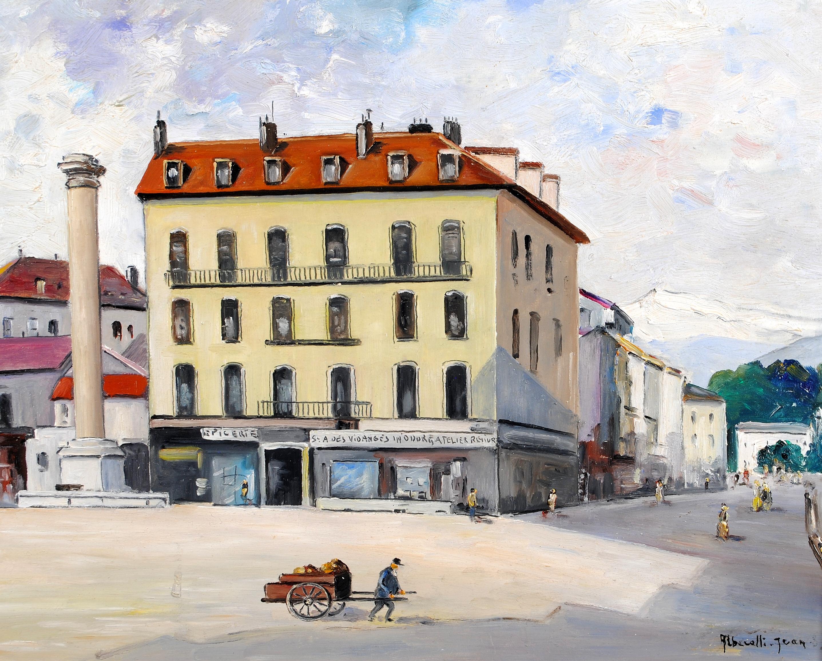 Grenoble, Place de Metz - Pittura olio su tavola francese della metà del XX secolo - Painting di Mid 20th Century French School