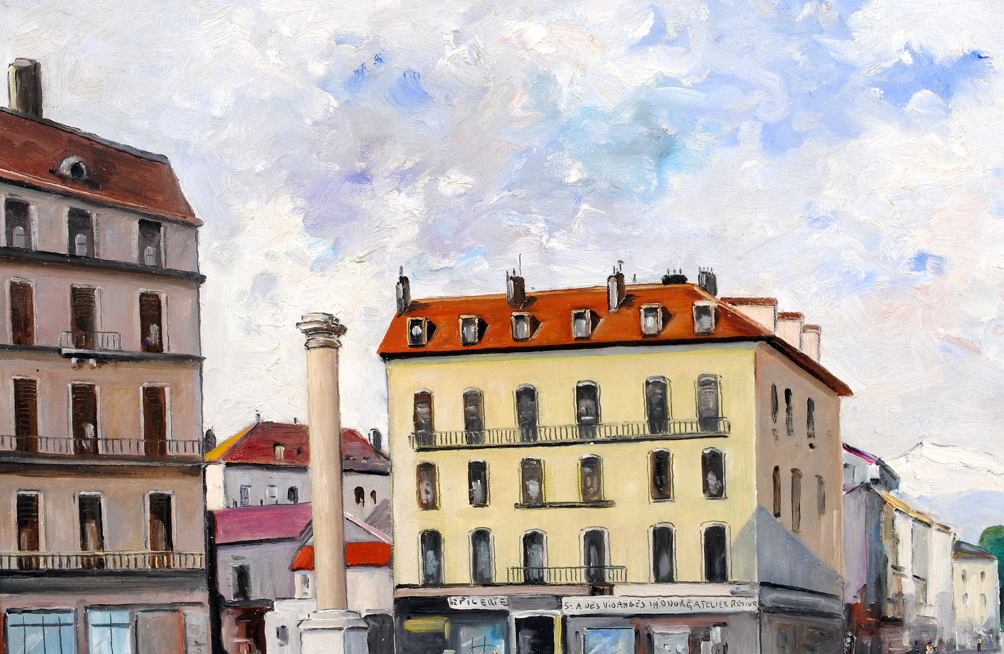 Grenoble, Place de Metz - Pittura olio su tavola francese della metà del XX secolo - Landscape Painting Grigio di Mid 20th Century French School