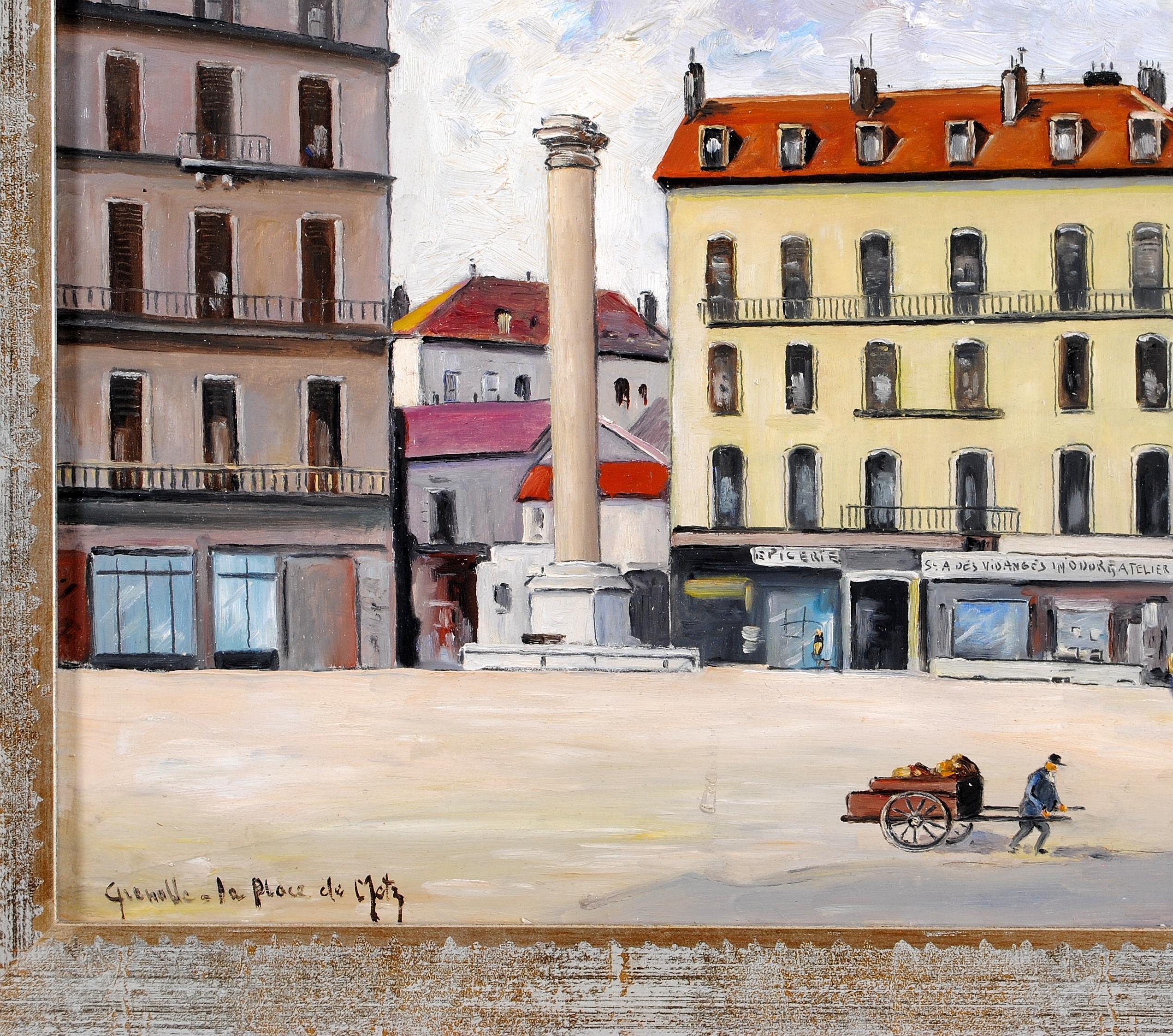 Grenoble, Place de Metz - Pittura olio su tavola francese della metà del XX secolo in vendita 1
