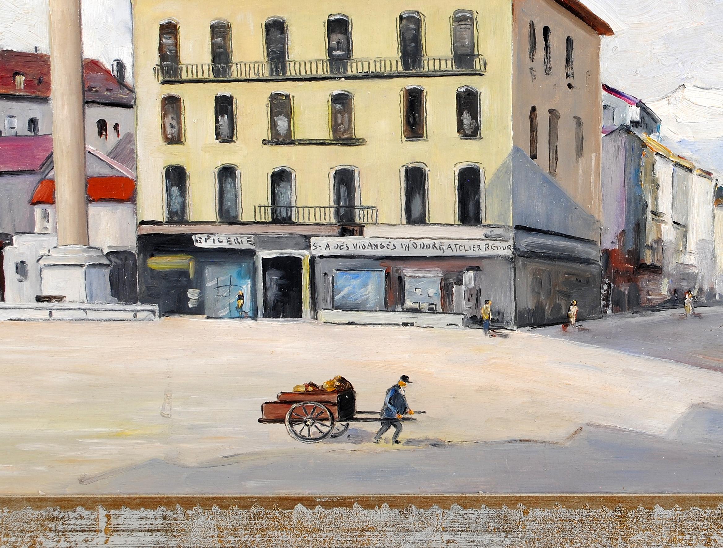 Grenoble, Place de Metz - Pittura olio su tavola francese della metà del XX secolo in vendita 2