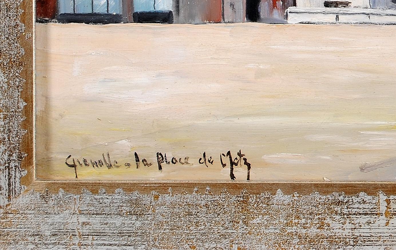 Grenoble, Place de Metz - Pittura olio su tavola francese della metà del XX secolo in vendita 3