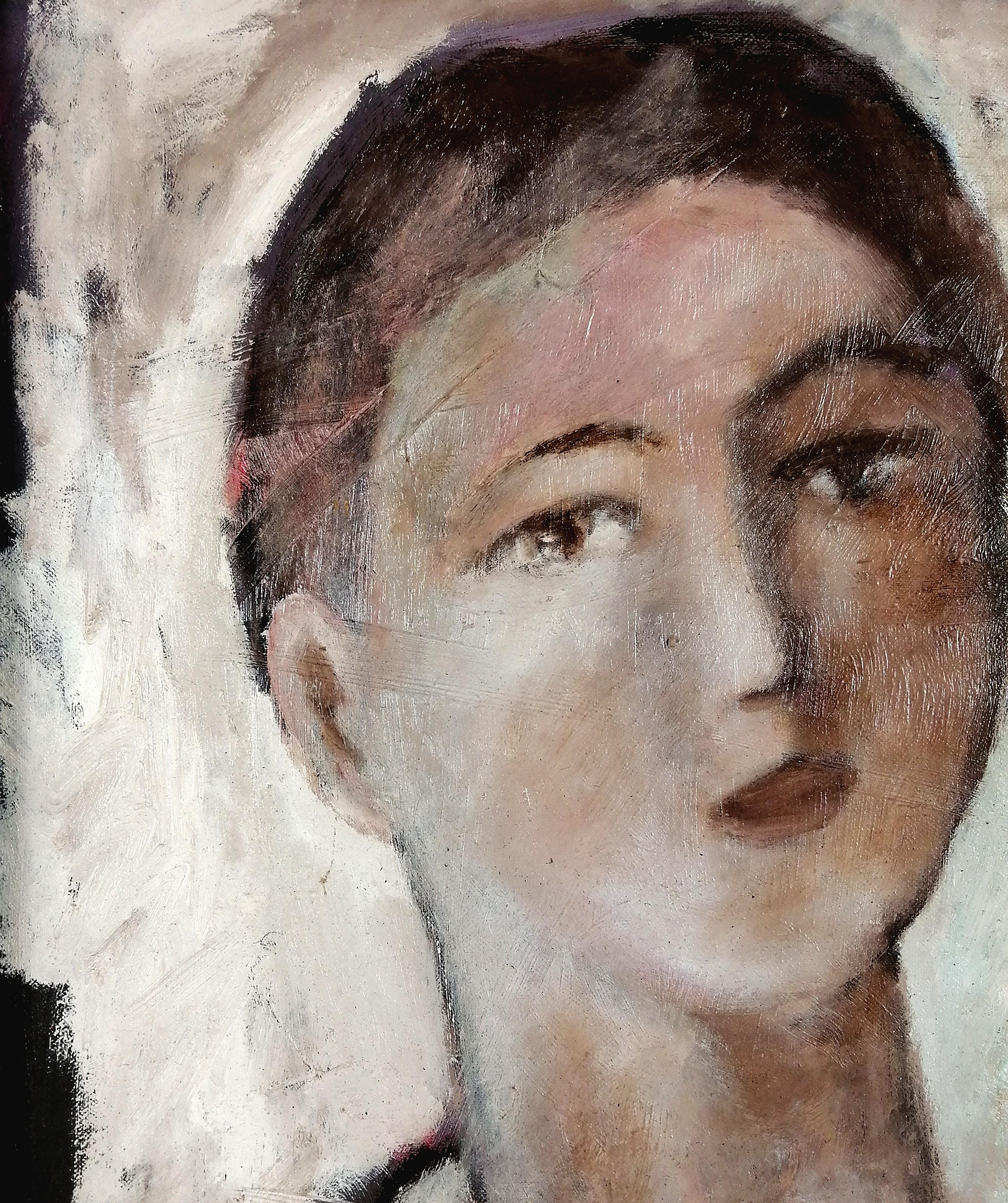 Cabeza de niño - Retrato al óleo modernista francés de mediados del siglo XX - Portrait Painting Marrón de Mid 20th Century French School