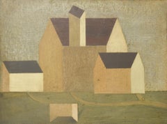 Houses in a Landscape - Mid 20th Century French Oil on Board Cubist Painting