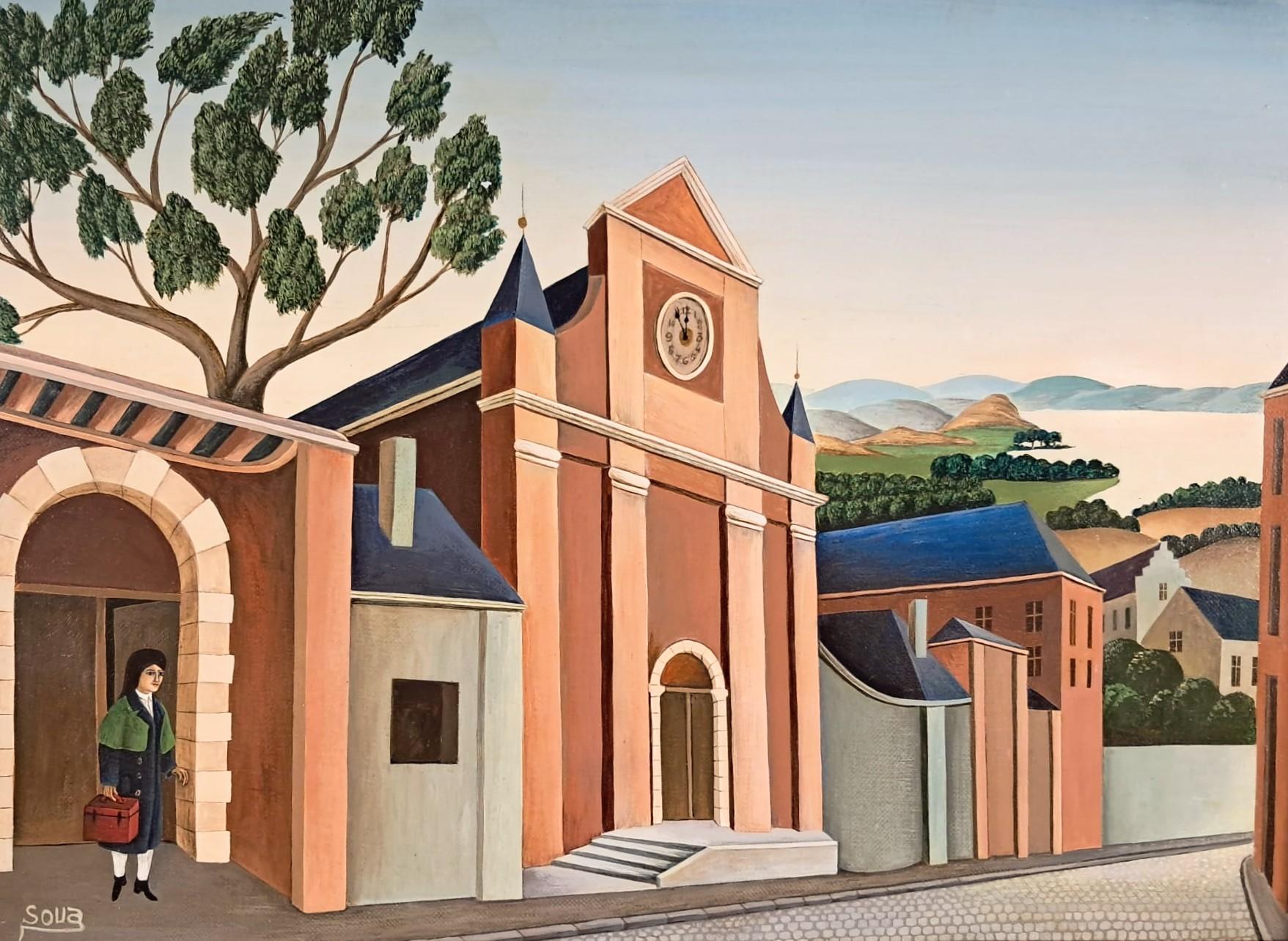 La Rue Deserte - Mid 20th Century French Naïf Town Landscape Oil Painting - Brown Landscape Painting by Mid 20th Century French School