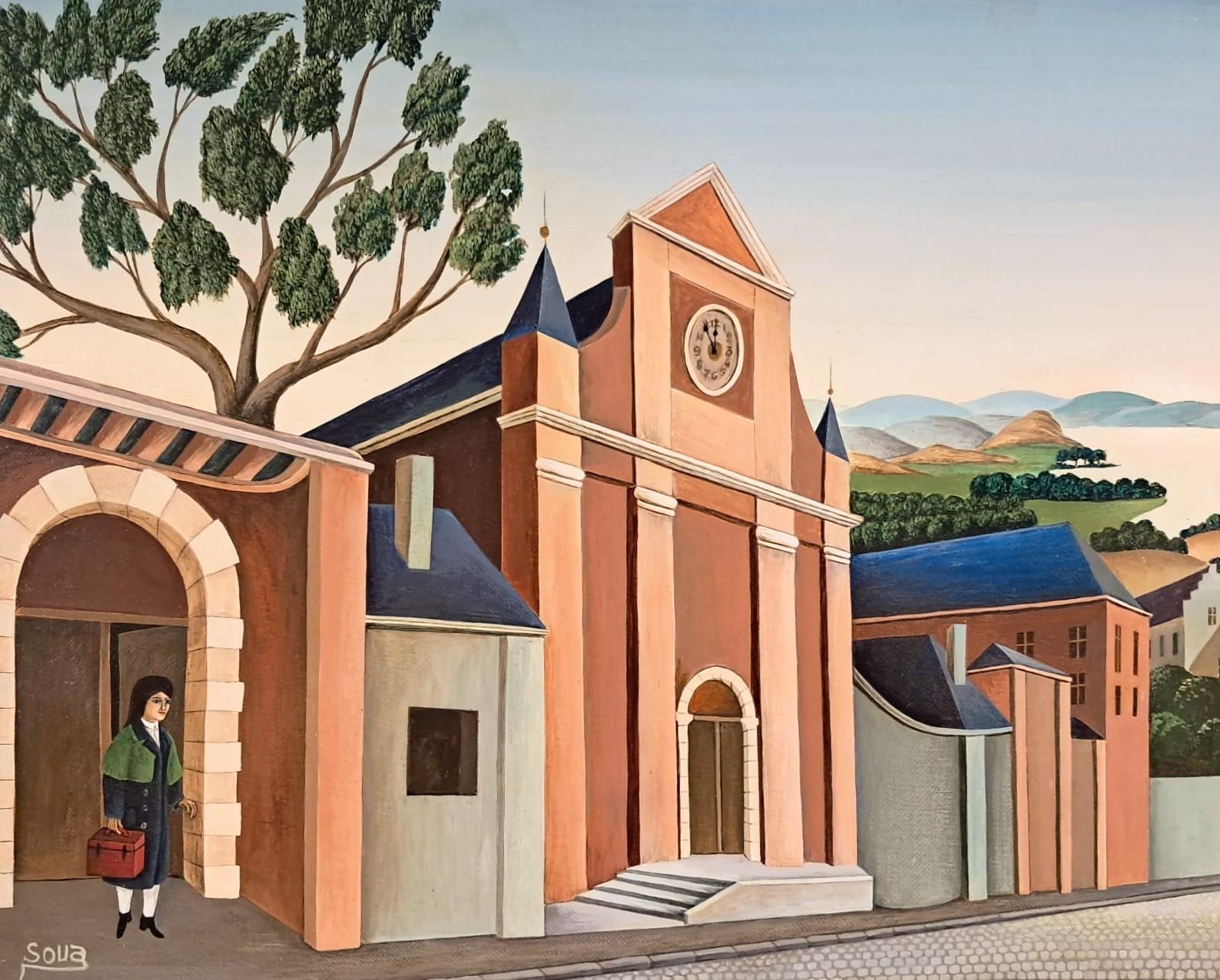 La Rue Deserte - Mid 20th Century French Naïf Town Landscape Oil Painting For Sale 1