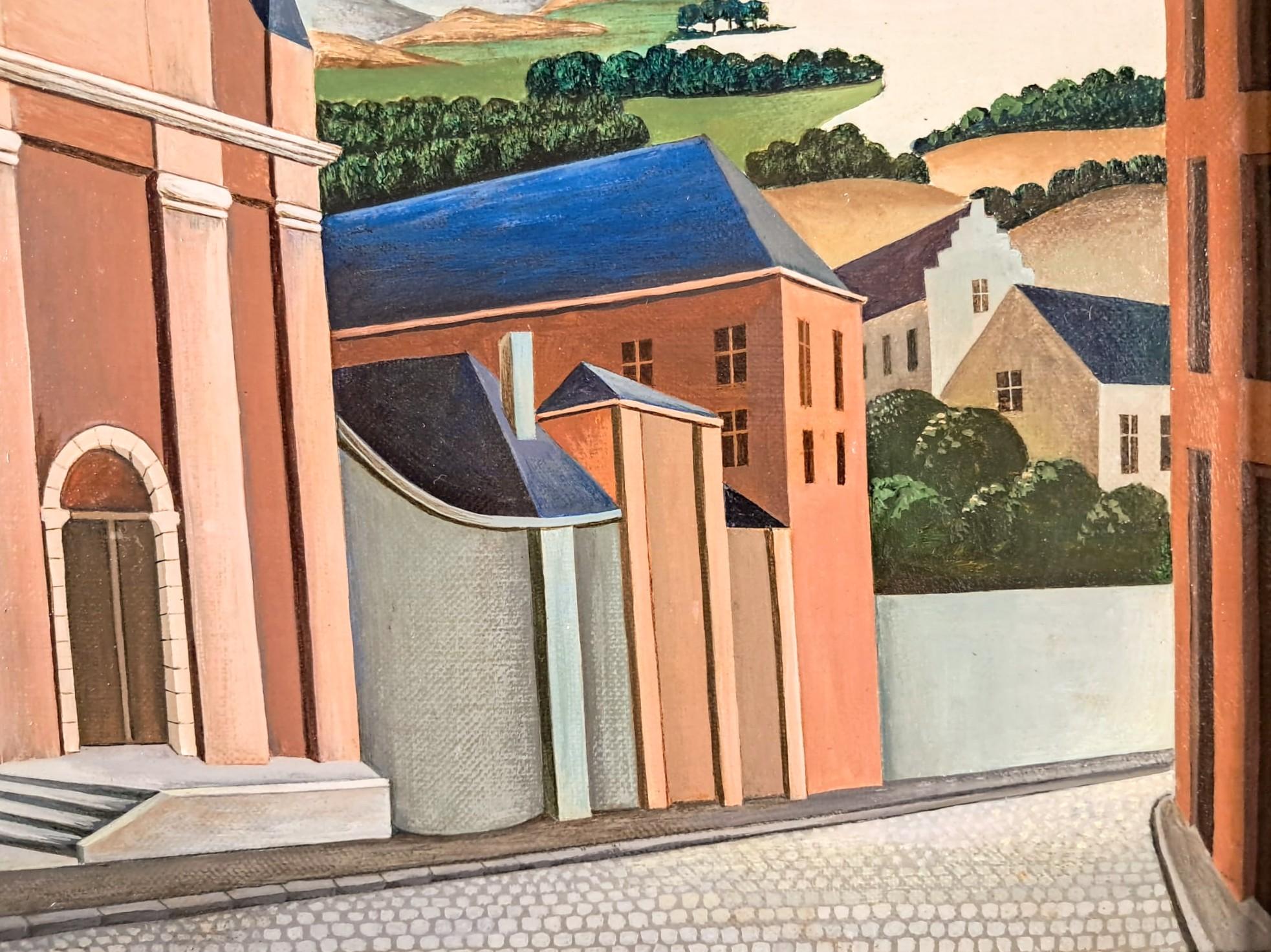 La Rue Deserte - Mid 20th Century French Naïf Town Landscape Oil Painting For Sale 2