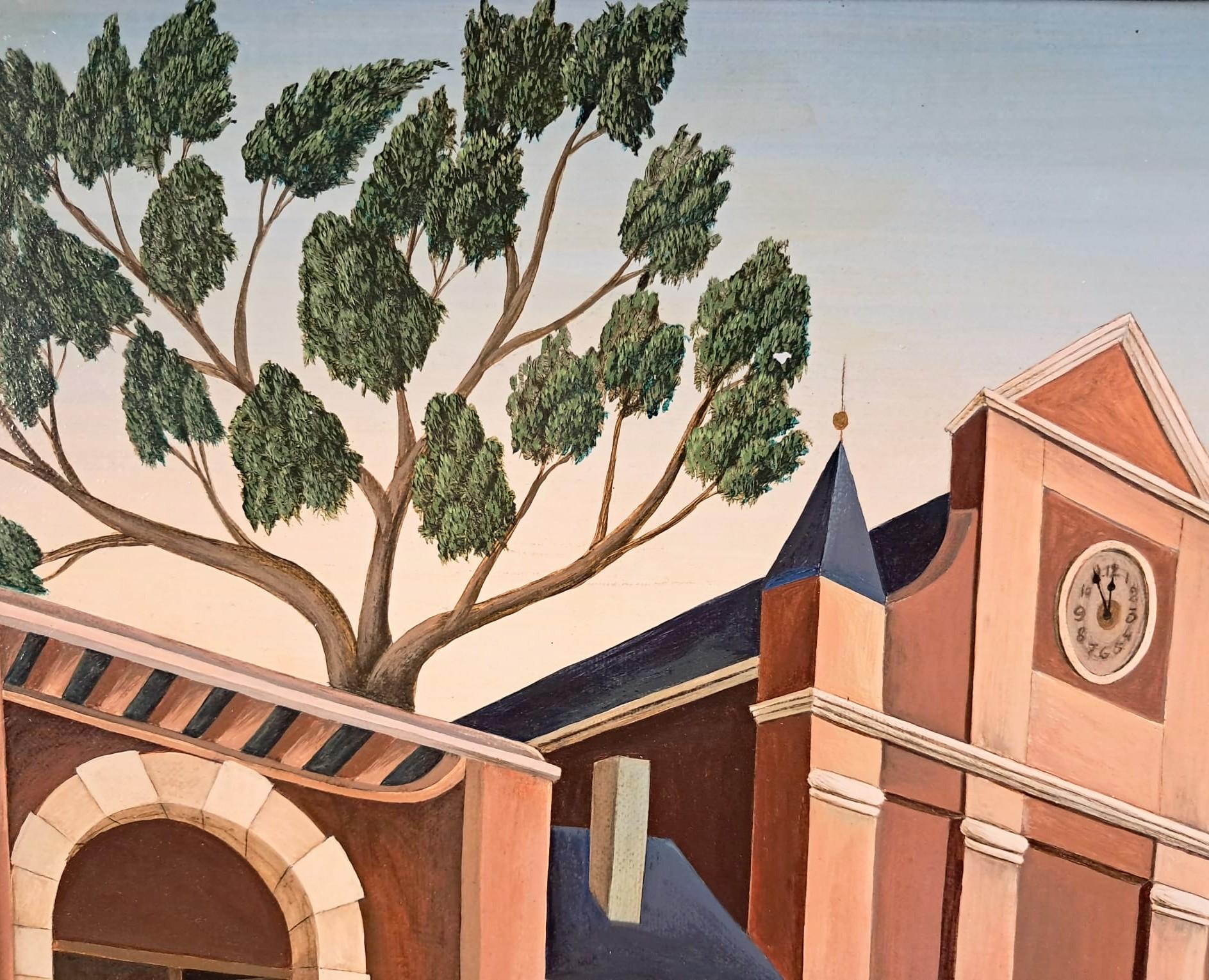 La Rue Deserte - Mid 20th Century French Naïf Town Landscape Oil Painting For Sale 3