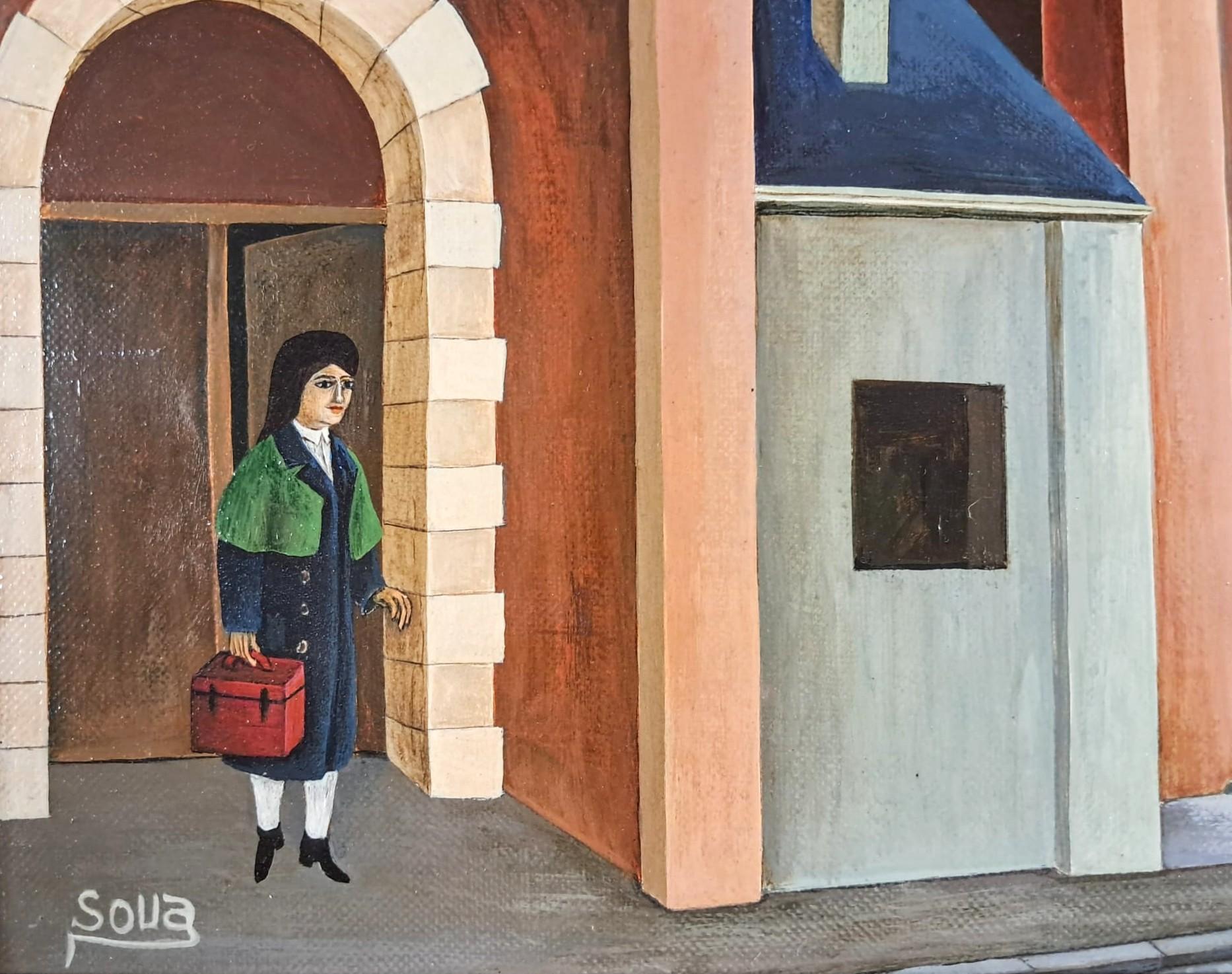 La Rue Deserte - Mid 20th Century French Naïf Town Landscape Oil Painting For Sale 5