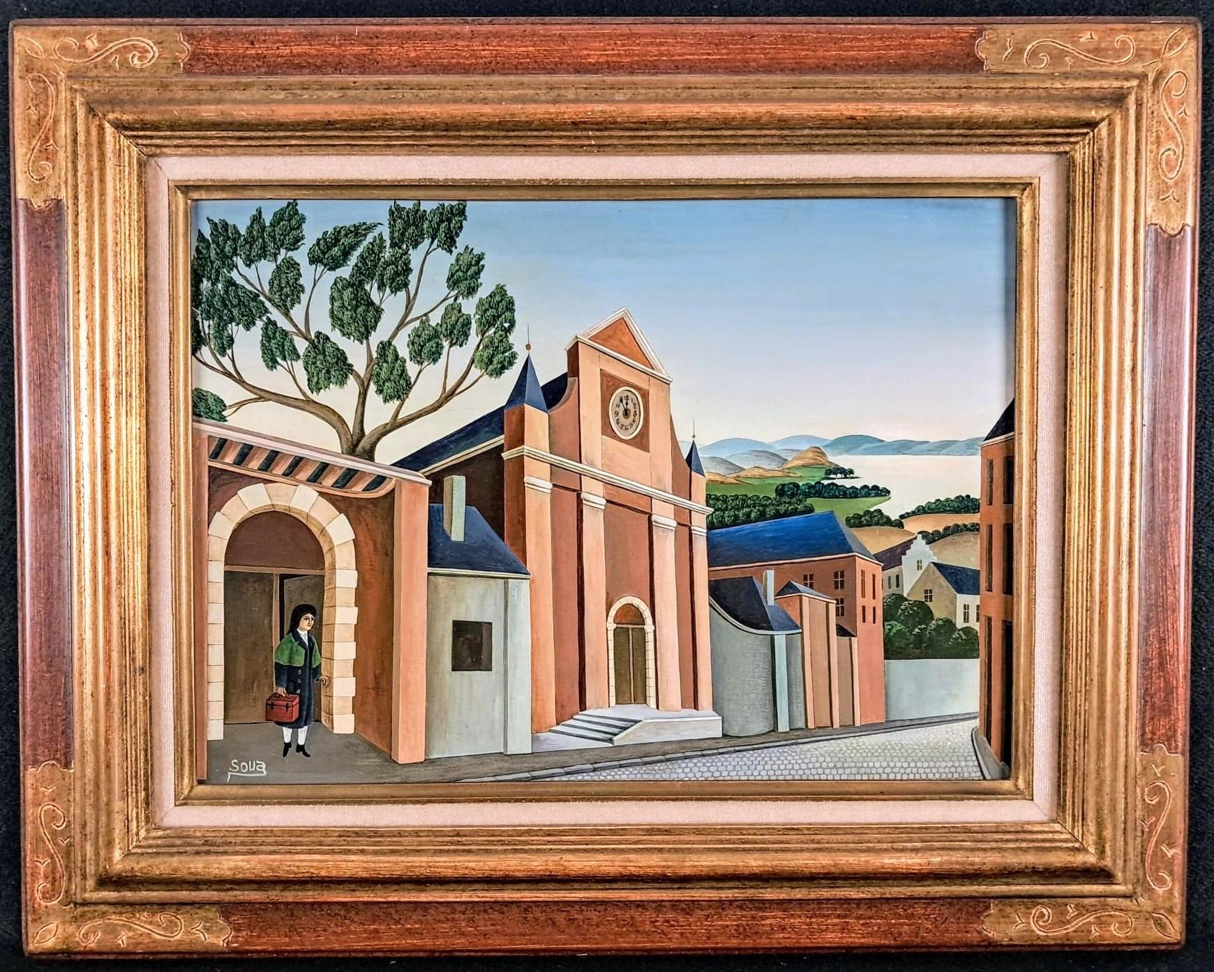 Mid 20th Century French School Landscape Painting - La Rue Deserte - Mid 20th Century French Naïf Town Landscape Oil Painting