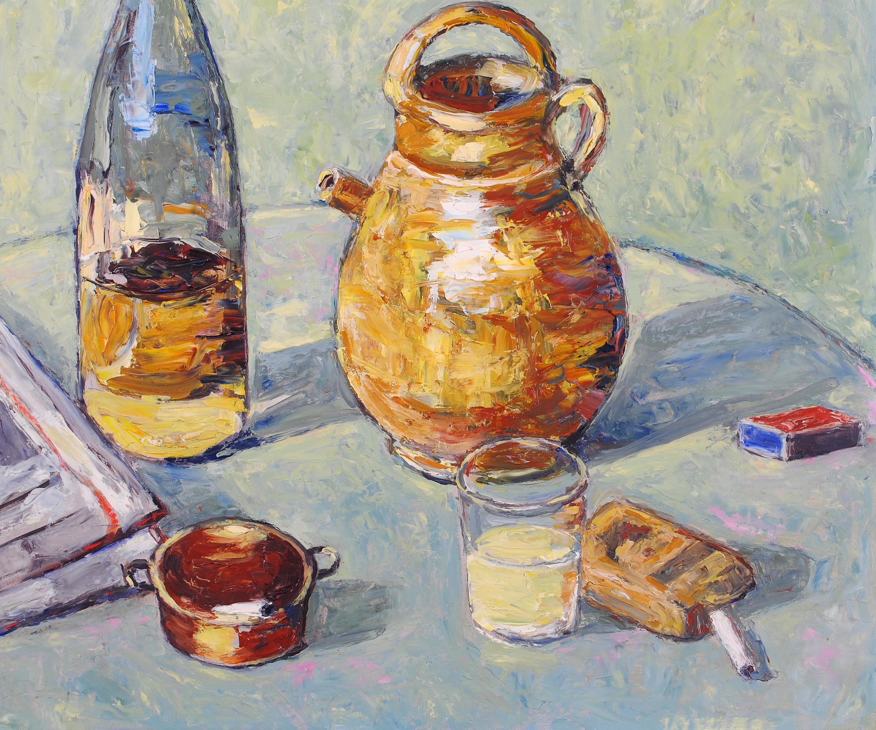 Le Pastis - Mid 20th Century French Impressionist Still Life Alcohol Painting For Sale 3