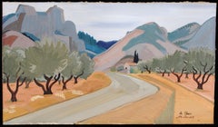 Les Baux - Modernist French Provence Landscape Gouache Mid Century Painting