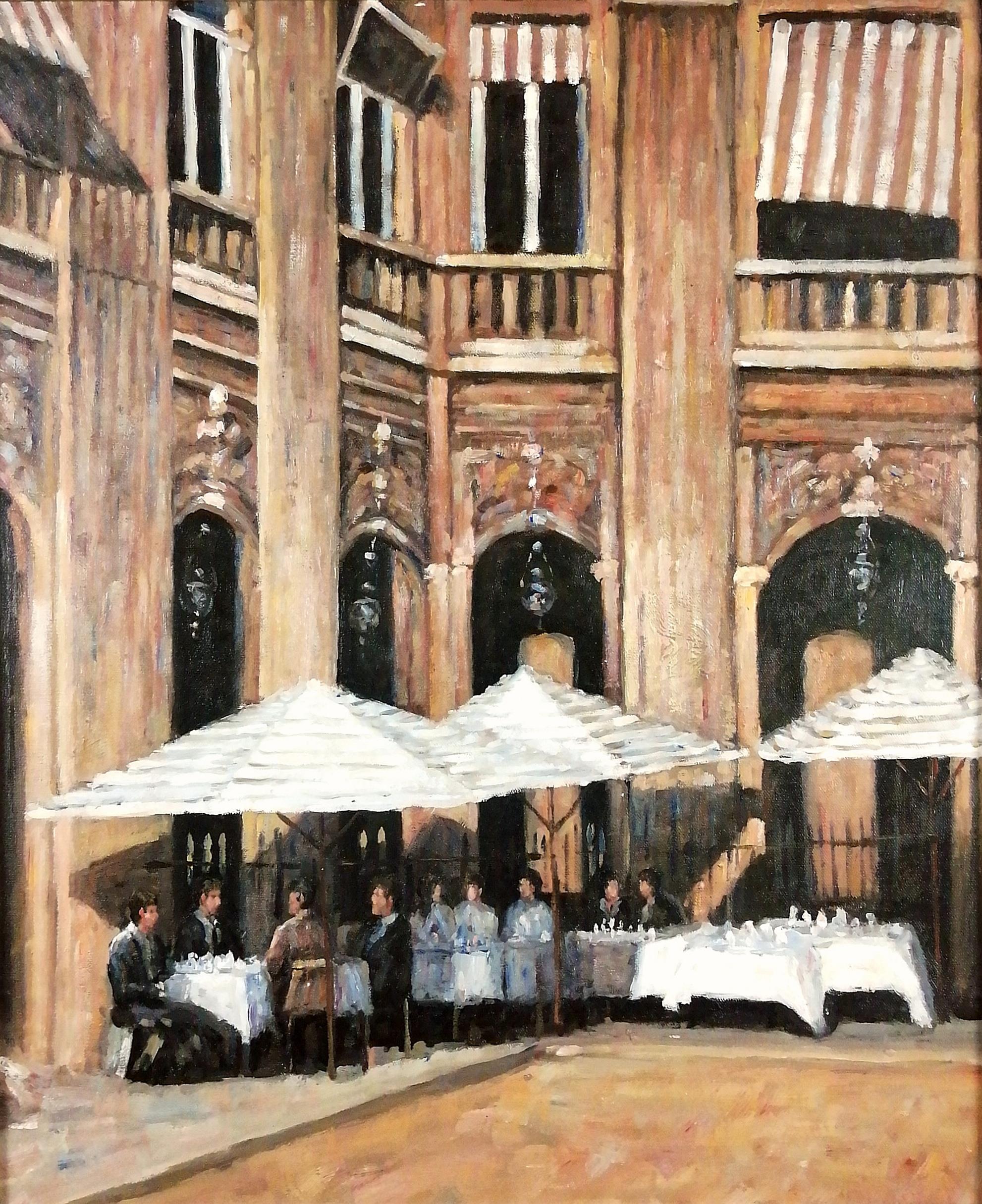Lunch in the Square – großes französisches impressionistisches Ölgemälde aus der Mitte des 20. Jahrhunderts – Painting von Mid 20th Century French School