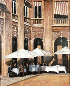 Lunch in the Square - Large Mid 20th Century French Impressionist Oil Painting