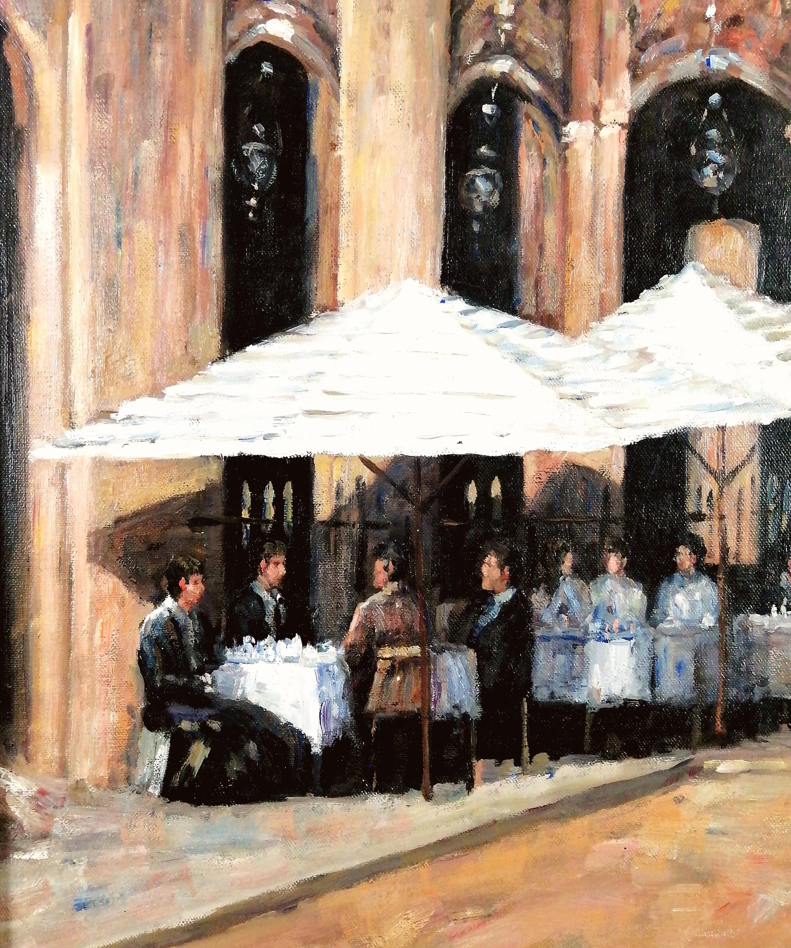 Lunch in the Square – großes französisches impressionistisches Ölgemälde aus der Mitte des 20. Jahrhunderts (Impressionismus), Painting, von Mid 20th Century French School