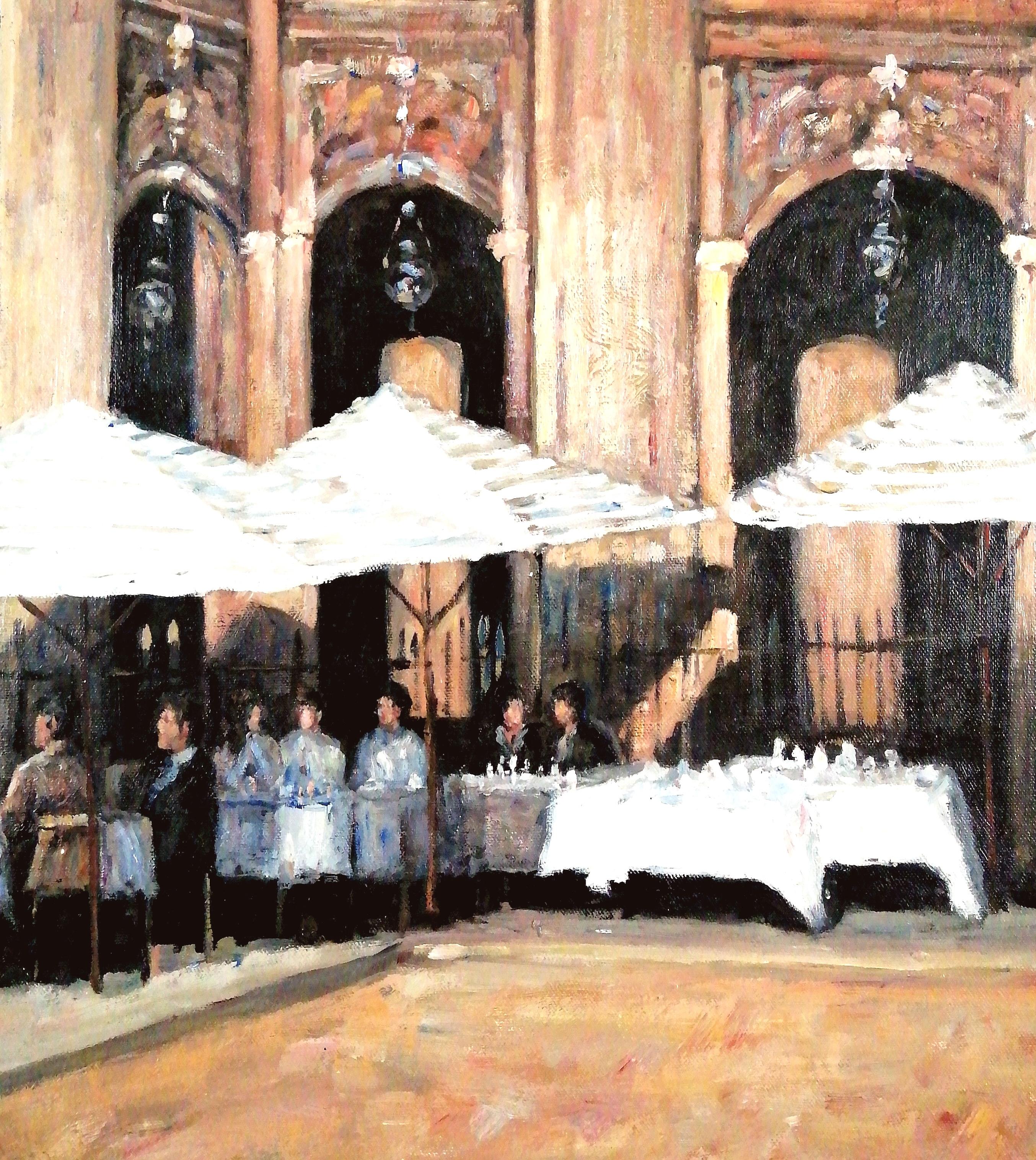 Lunch in the Square – großes französisches impressionistisches Ölgemälde aus der Mitte des 20. Jahrhunderts (Braun), Figurative Painting, von Mid 20th Century French School