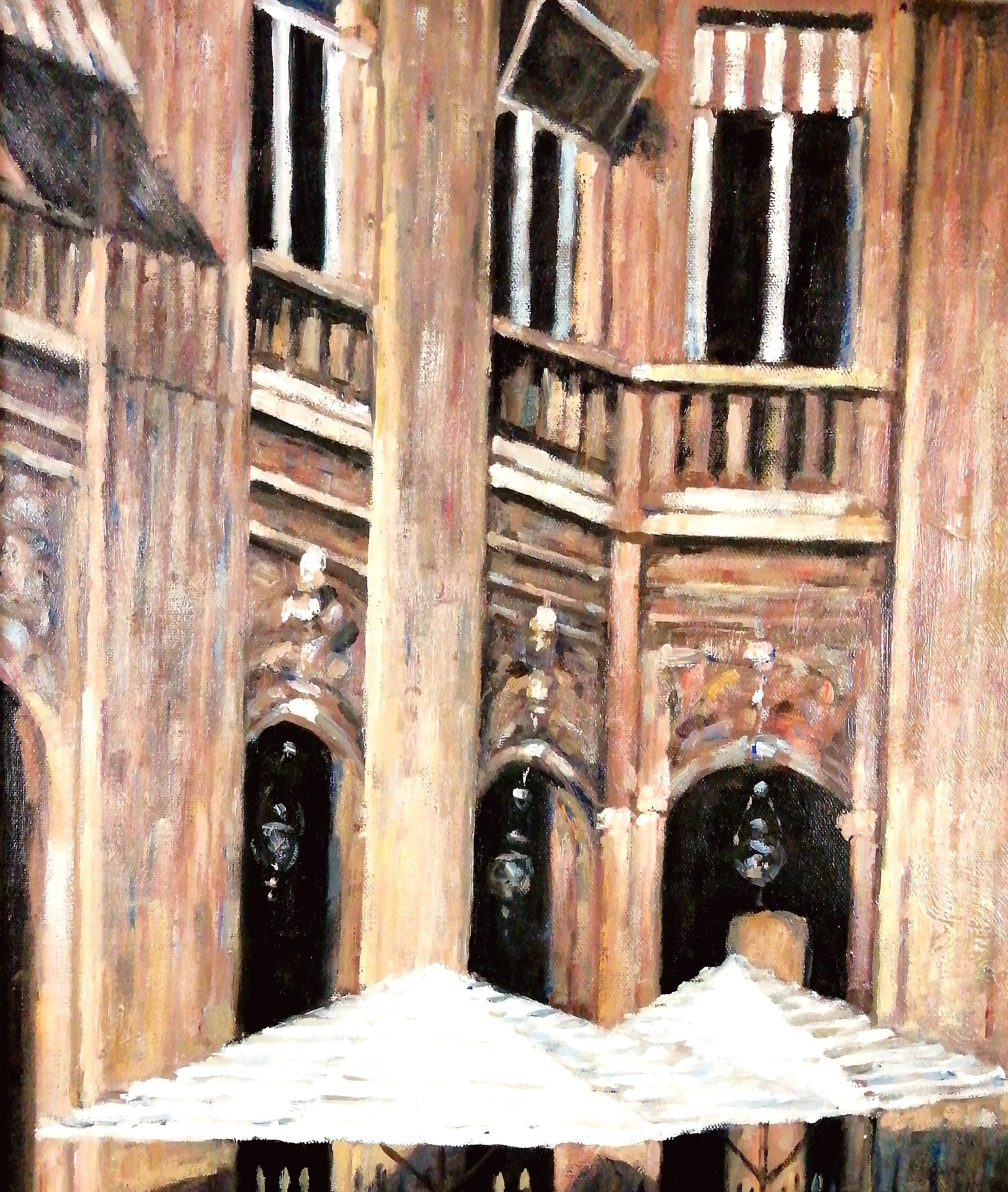 Eine schöne große Mitte des 20. Jahrhunderts Französisch impressionistischen Öl auf Leinwand zeigt Menschen beim Mittagessen in der Ecke eines Platzes, wahrscheinlich eine Stadt im Süden von Frankreich.

Ausgezeichnete Qualitätsarbeit in sehr gutem