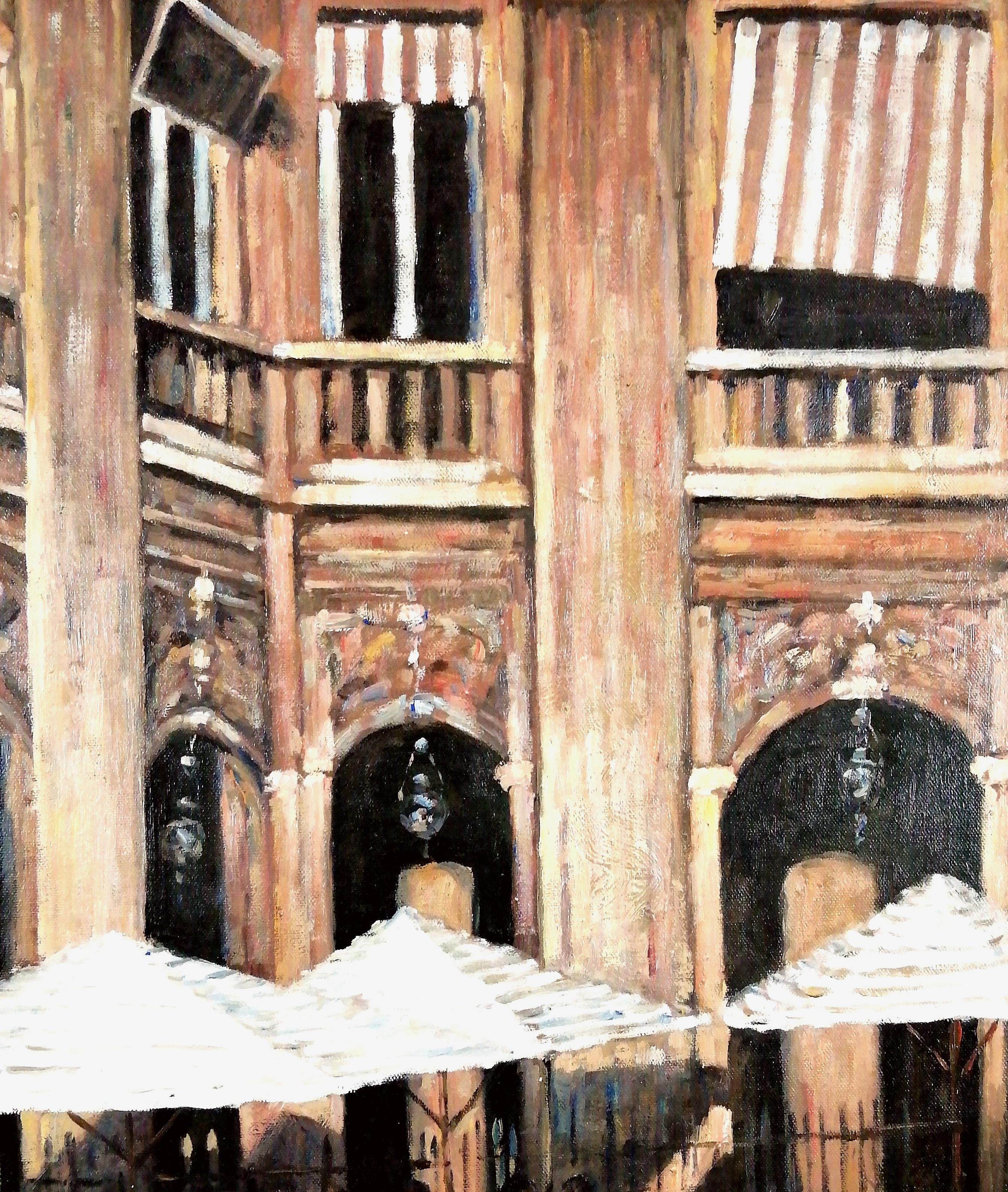 Lunch in the Square – großes französisches impressionistisches Ölgemälde aus der Mitte des 20. Jahrhunderts im Angebot 1