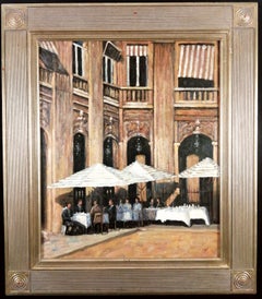 Vintage Lunch in the Square - Large Mid 20th Century French Impressionist Oil Painting