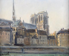 Notre Dame - Mid 20th Century French Impressionist Paris France Oil Painting