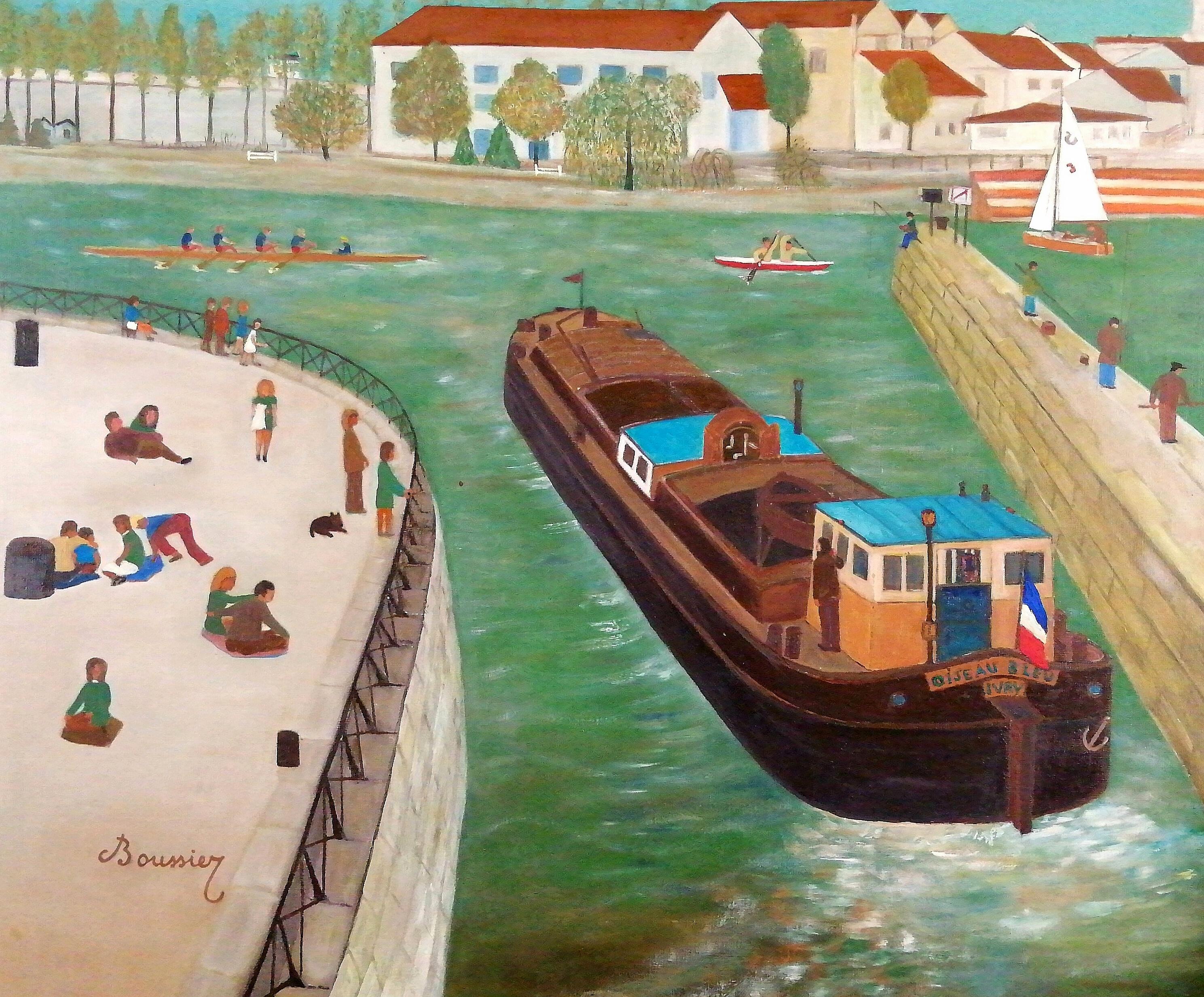 On the French Coast - Large Mid 20th Century French Naif Naive Boats Painting - Brown Landscape Painting by Mid 20th Century French School