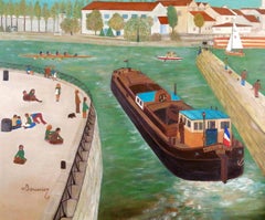 On the French Coast - Large Mid 20th Century French Naif Naive Boats Painting