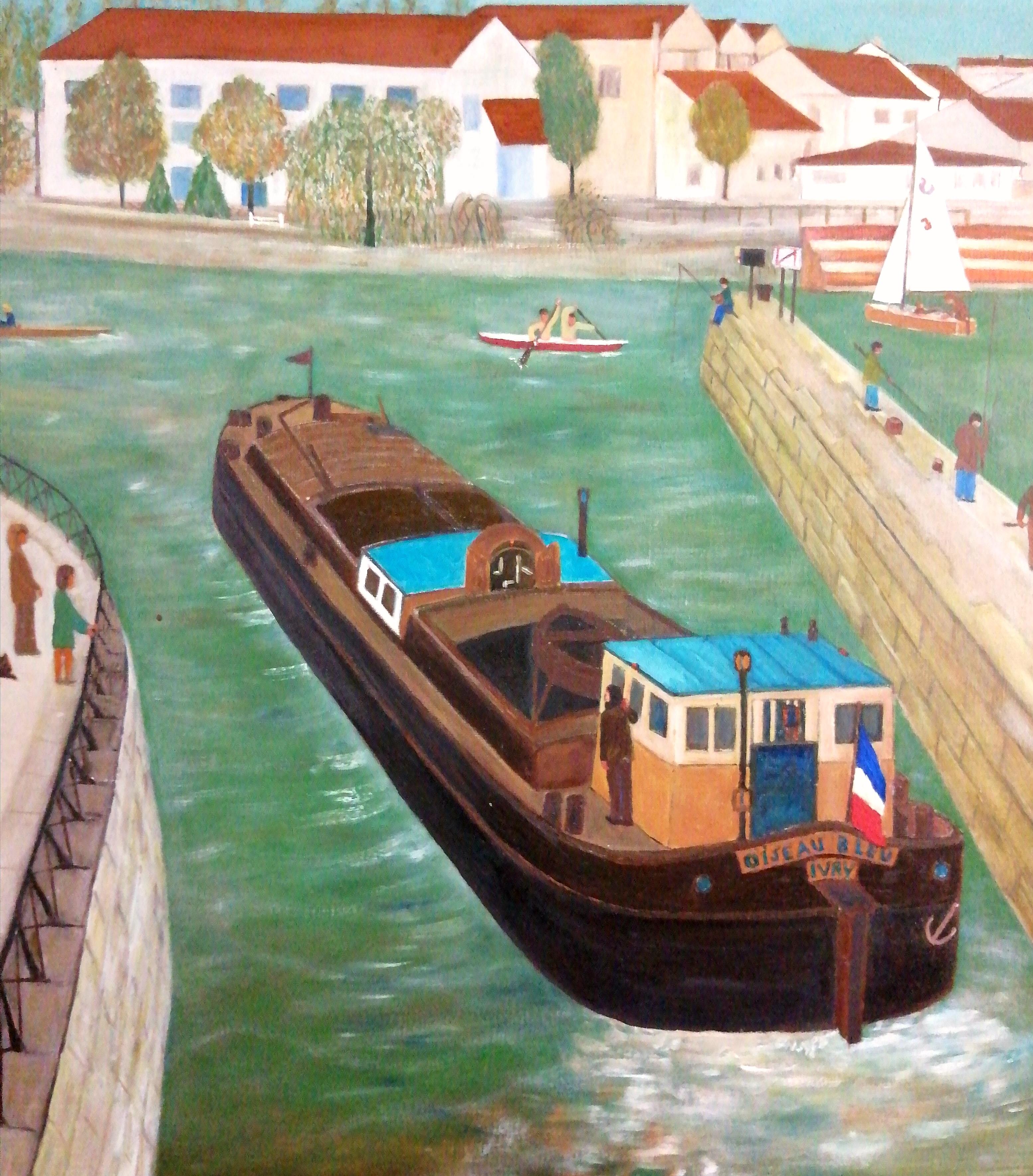 A beautiful 1960's French naïf oil on canvas depicting a busy summer scene on the French coast, with tug boat, yachts and figures on the promenade.

The work is very well painted in the naif style and certainly has the 