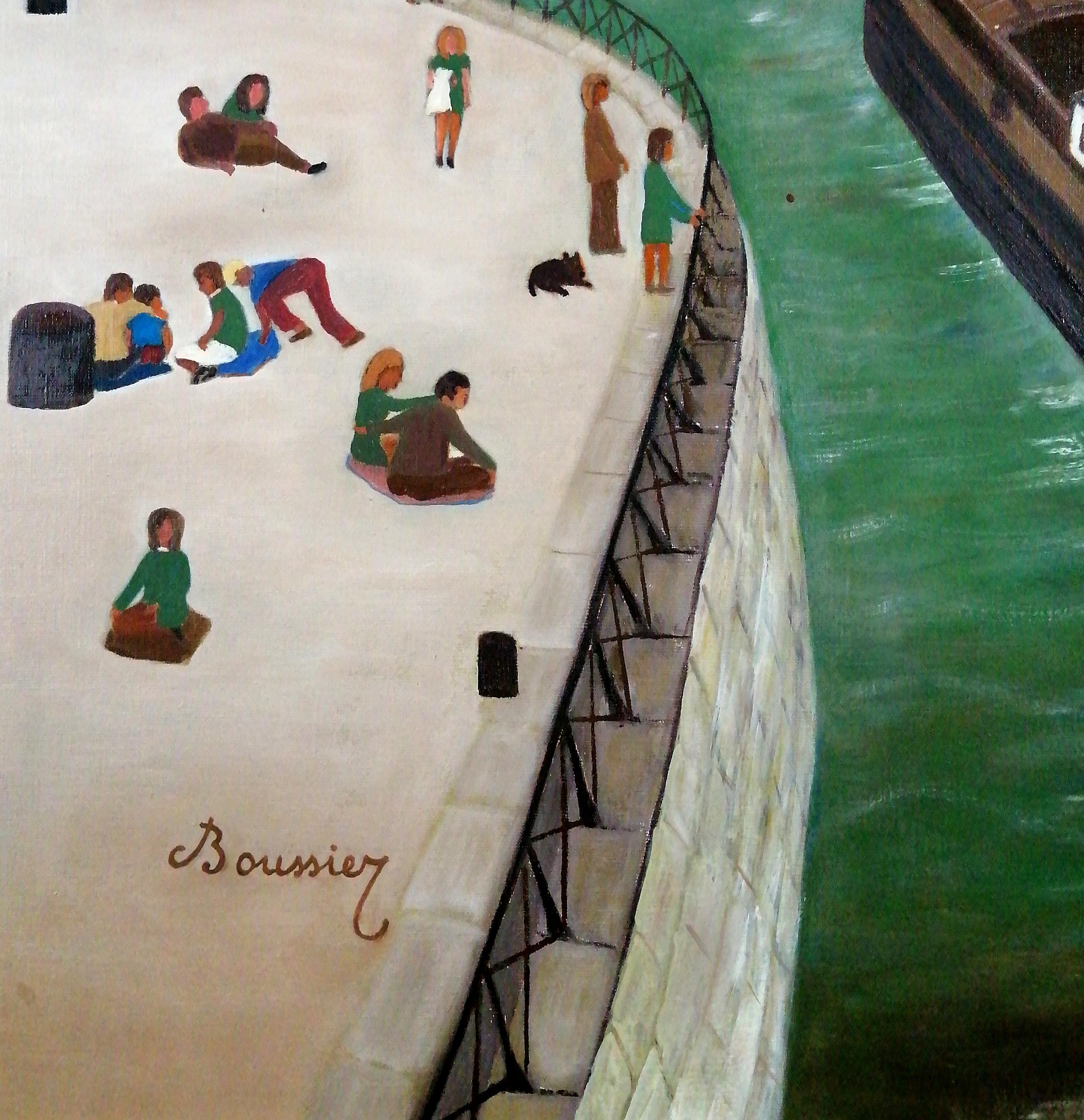On the French Coast - Large Mid 20th Century French Naif Naive Boats Painting For Sale 1