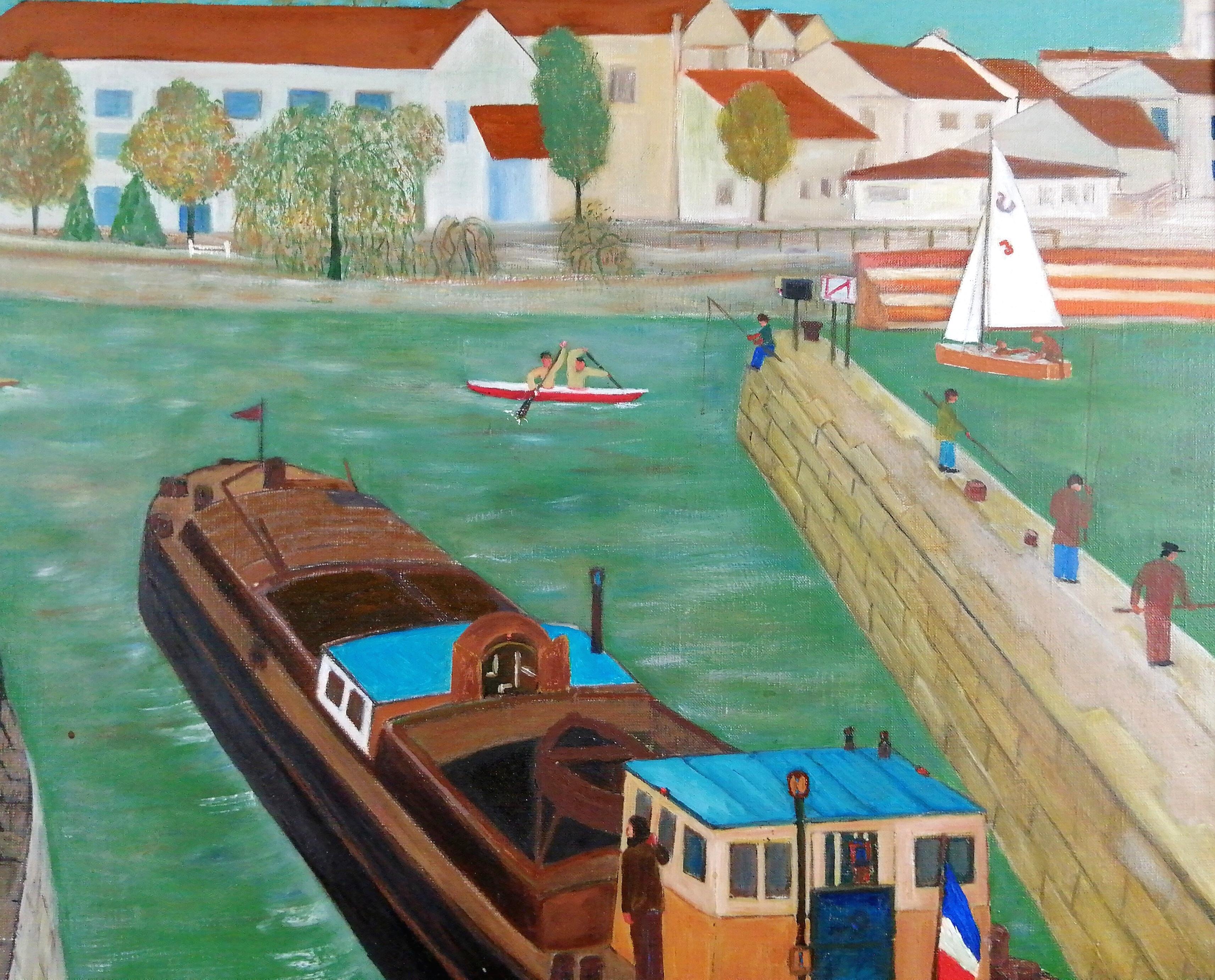 On the French Coast - Large Mid 20th Century French Naif Naive Boats Painting For Sale 2