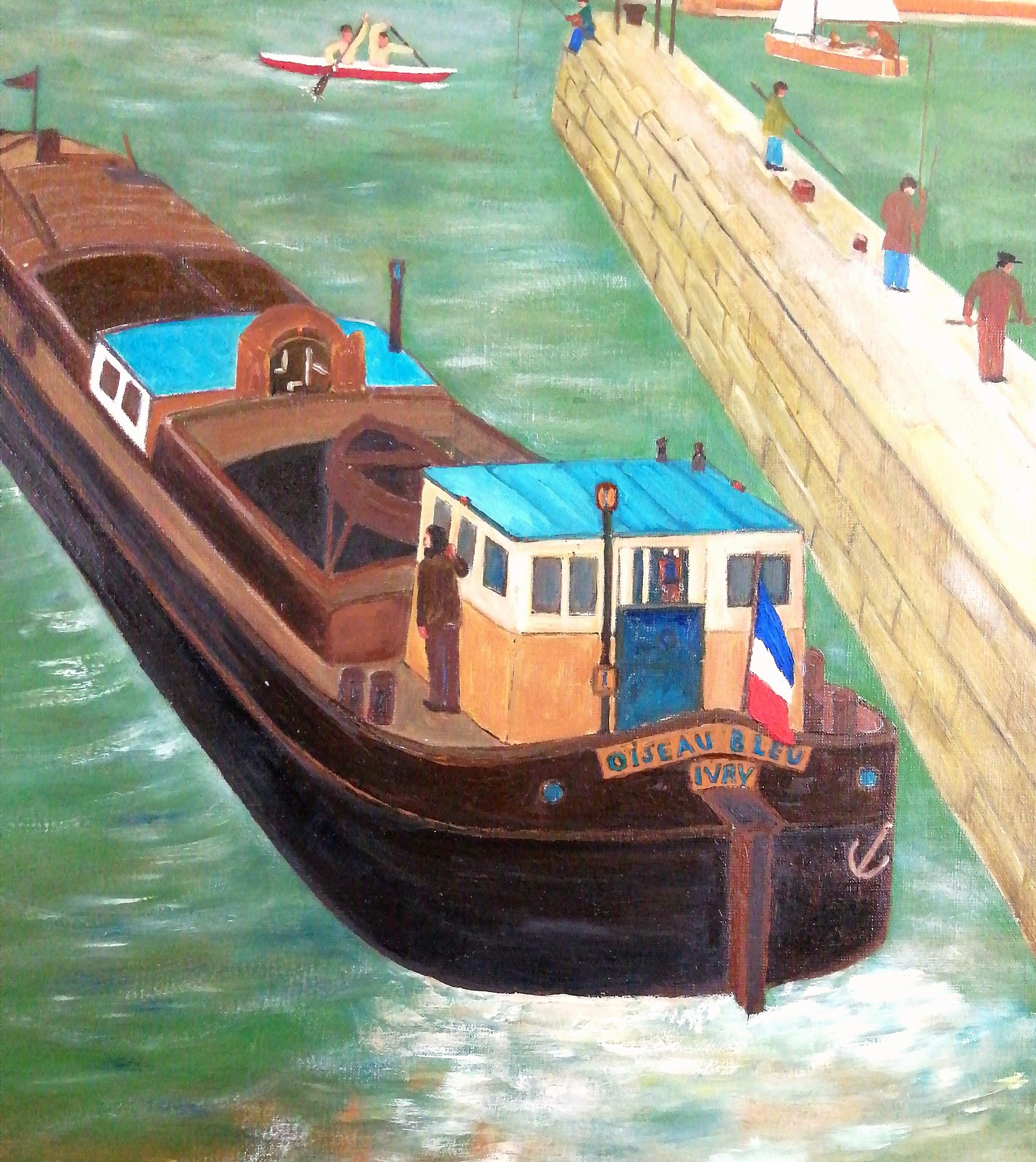 On the French Coast - Large Mid 20th Century French Naif Naive Boats Painting For Sale 3