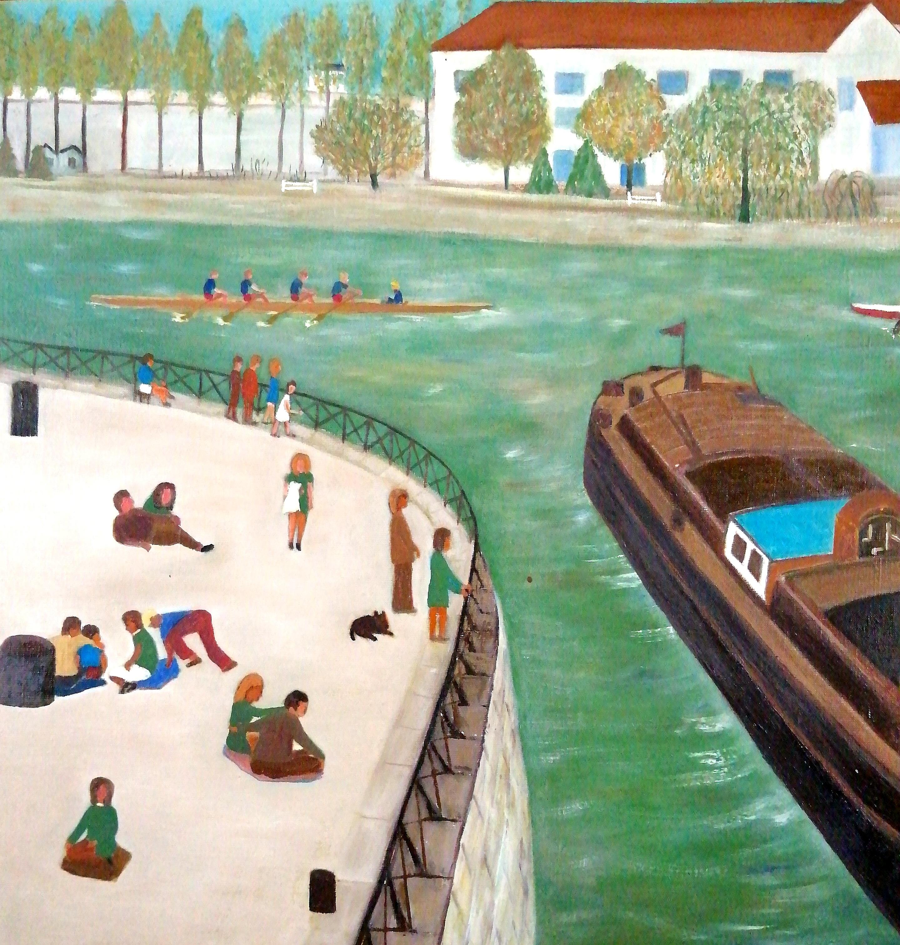 On the French Coast - Large Mid 20th Century French Naif Naive Boats Painting For Sale 4
