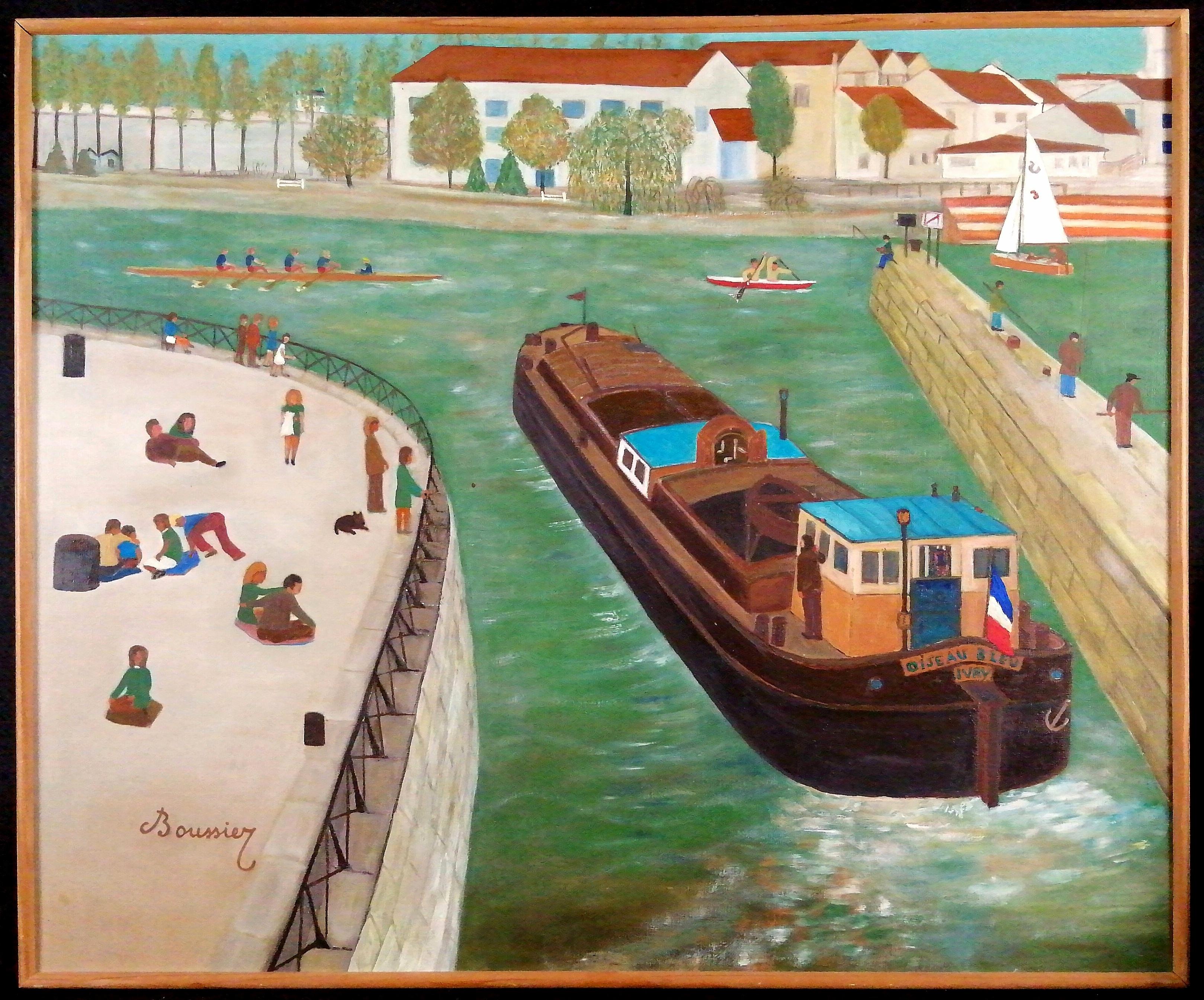 Mid 20th Century French School Landscape Painting - On the French Coast - Large Mid 20th Century French Naif Naive Boats Painting