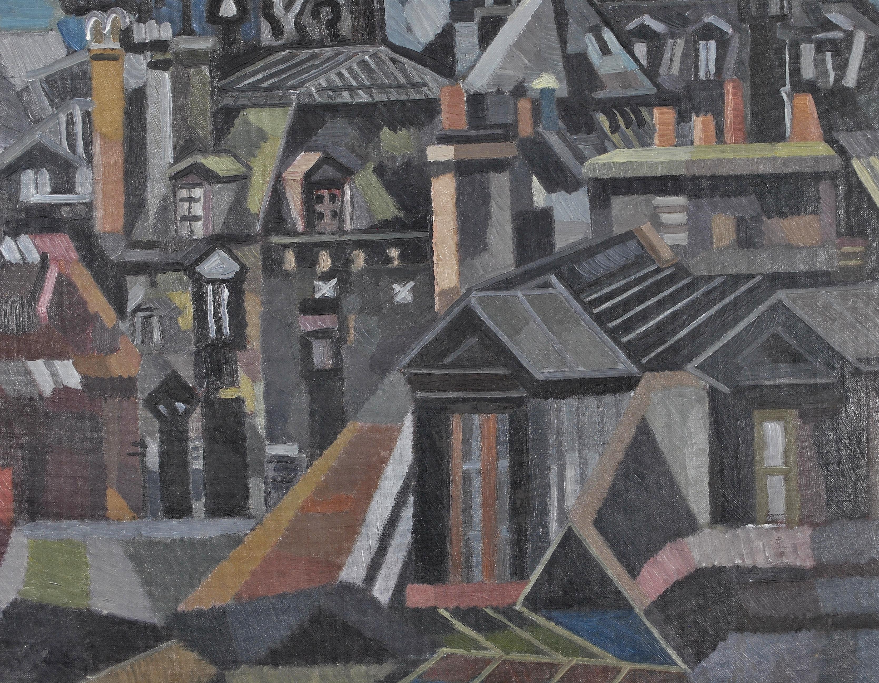 Paris Rooftops - Mid 20th Century French France Cubist Oil on Canvas Painting For Sale 1